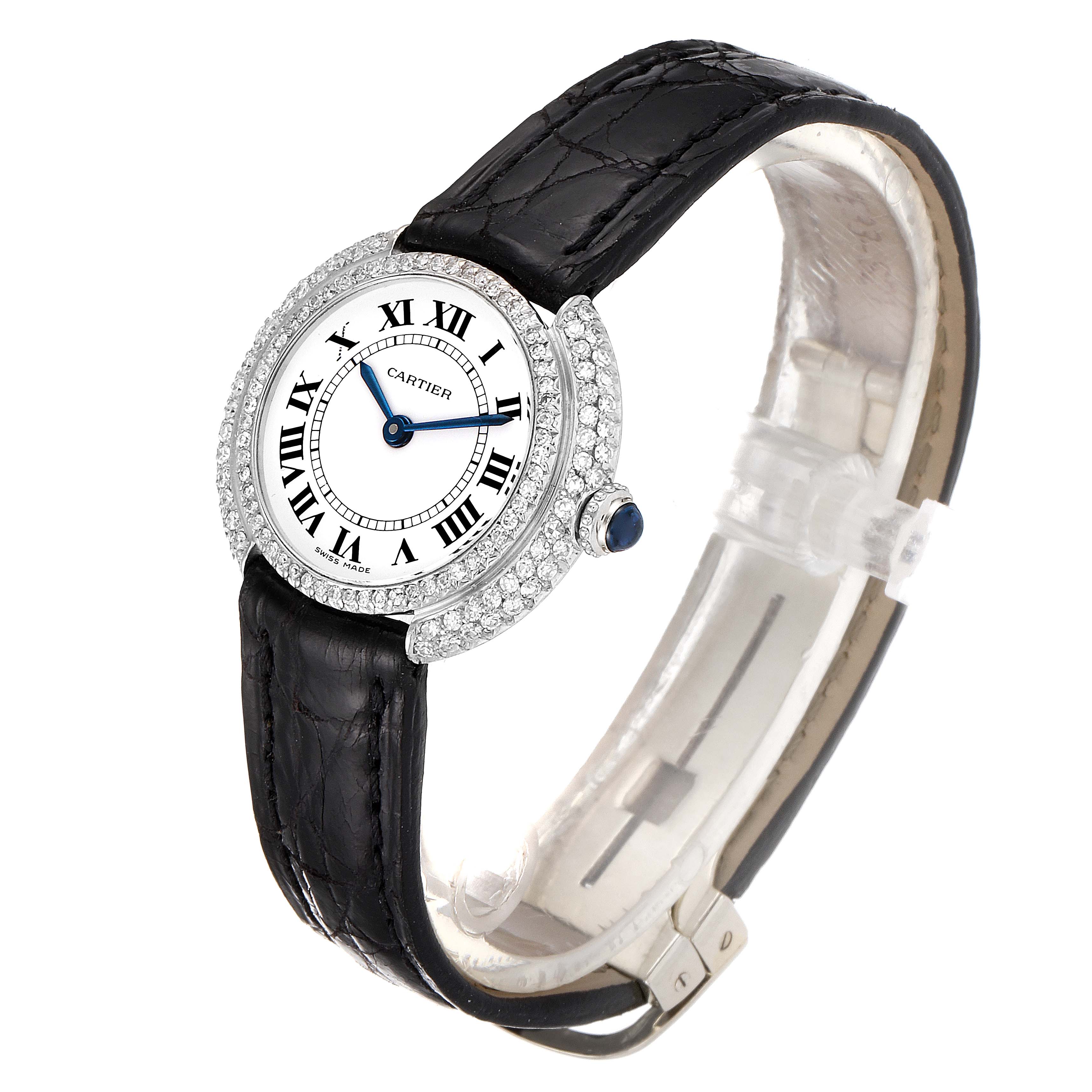 The Cartier Vendome W15071G8 Women's White Gold White Dial W15071G8 Women's White Gold White Dial watch is shown at a three-quarter angle, displaying its face, strap, and diamond-encrusted bezel.