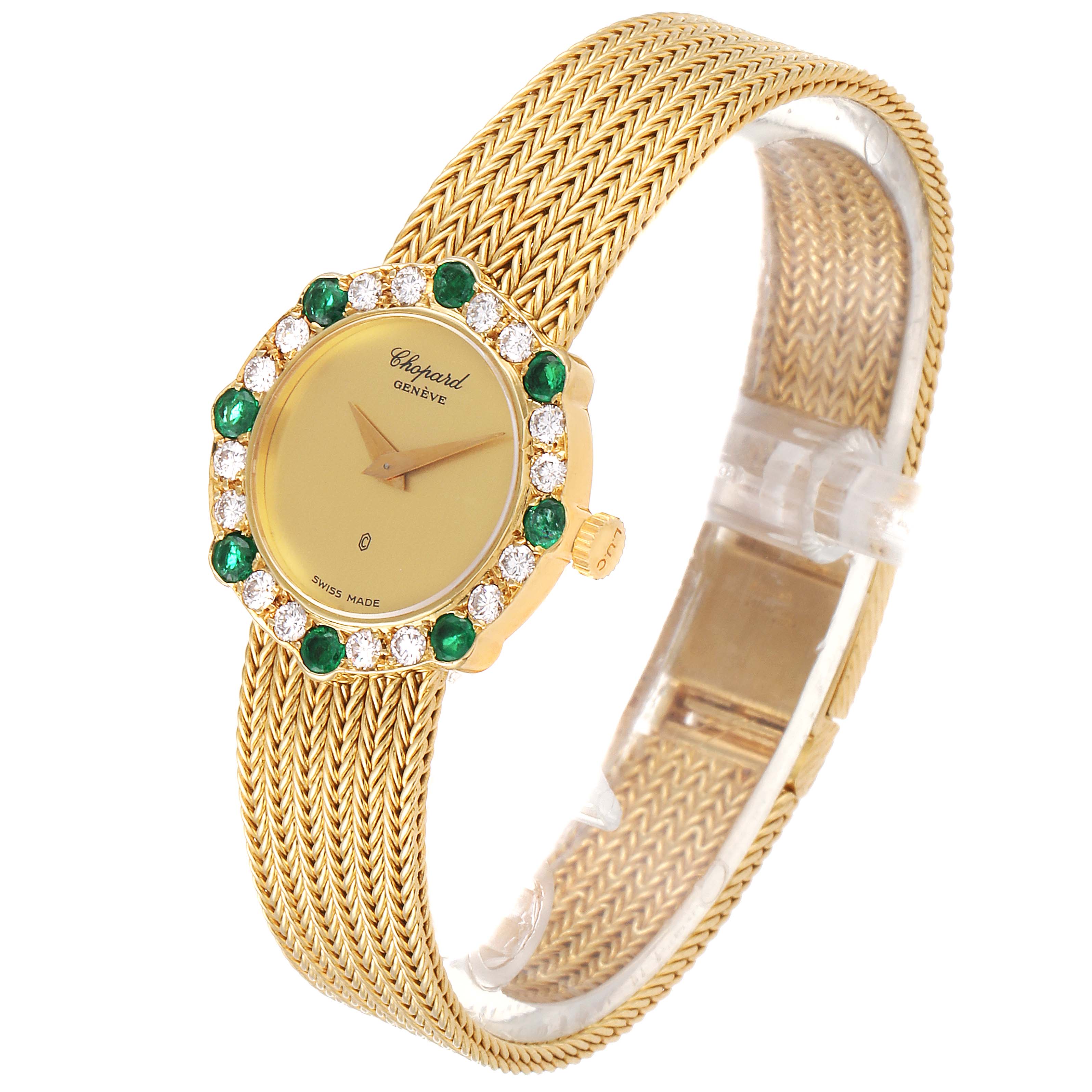 The image shows a Chopard 4057 Women's Yellow Gold Champagne Dial 4057 Women's Yellow Gold Champagne Dial 4057 ladies watch at an angle highlighting its 18K yellow gold mesh bracelet and diamond-emerald bezel.