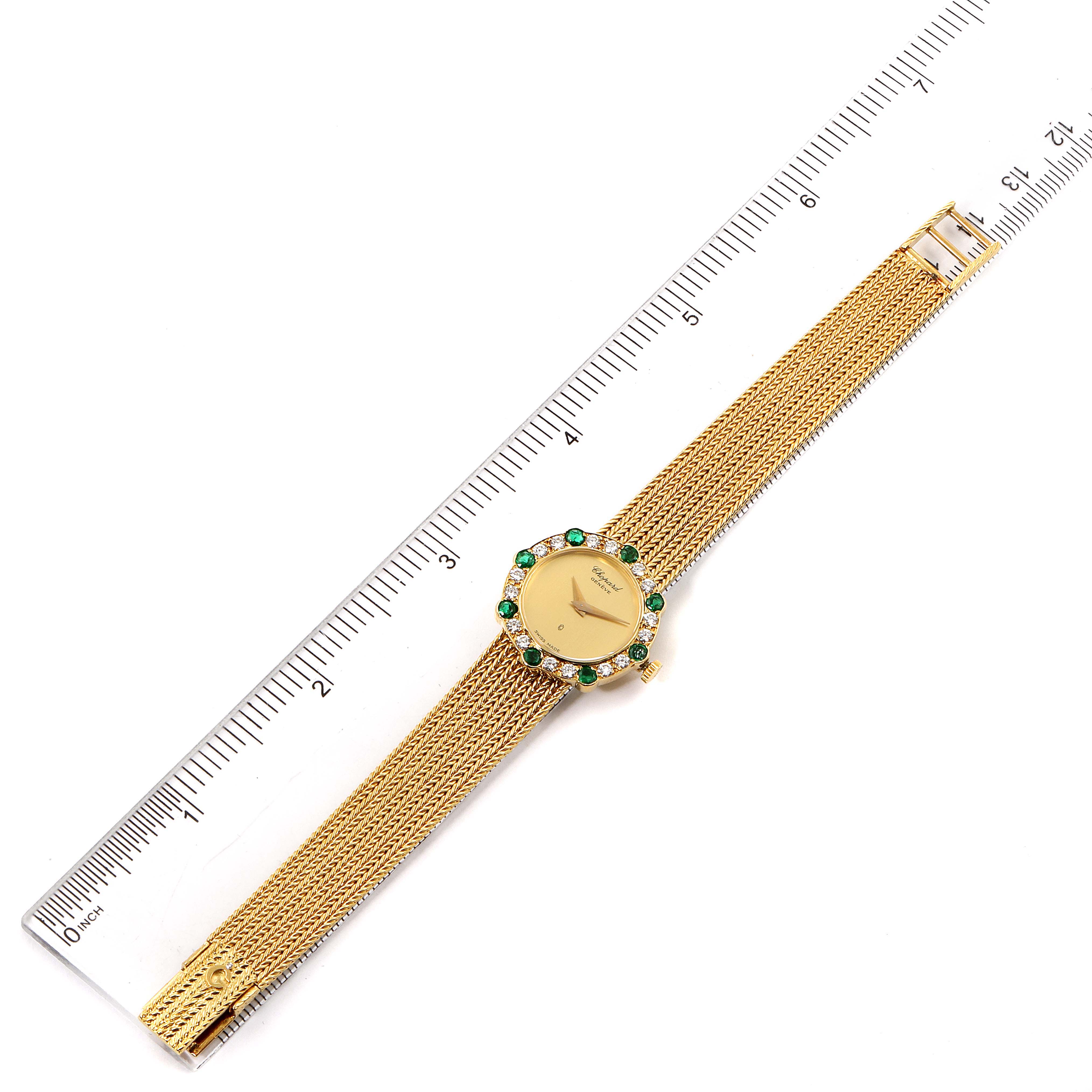 The image shows the Chopard 4057 Women's Yellow Gold Champagne Dial 4057 Women's Yellow Gold Champagne Dial 4057 18K Yellow Gold Diamond Emerald Vintage Cocktail Ladies Watch laying flat, displaying the band and face.