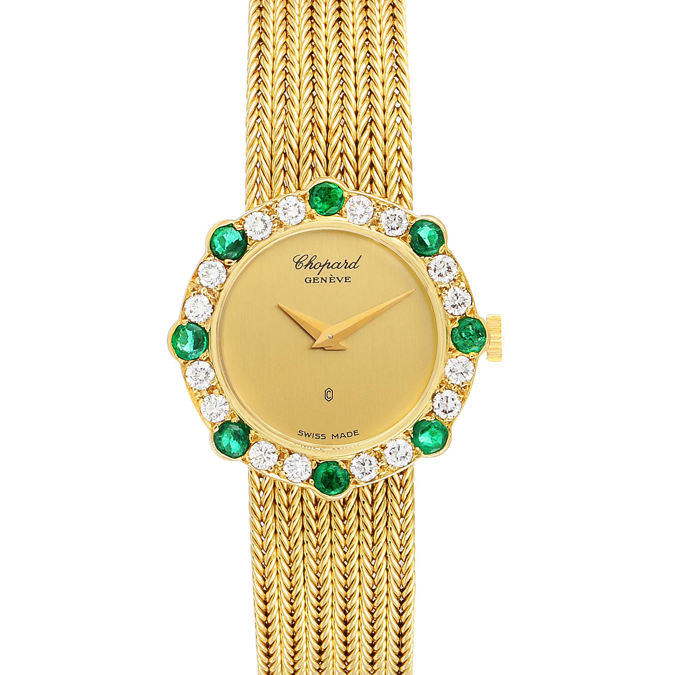 The image shows a front view of the Chopard 4057 Women's Yellow Gold Champagne Dial 4057 Women's Yellow Gold Champagne Dial 4057 model 18K Yellow Gold Diamond Emerald Vintage Cocktail Ladies Watch.