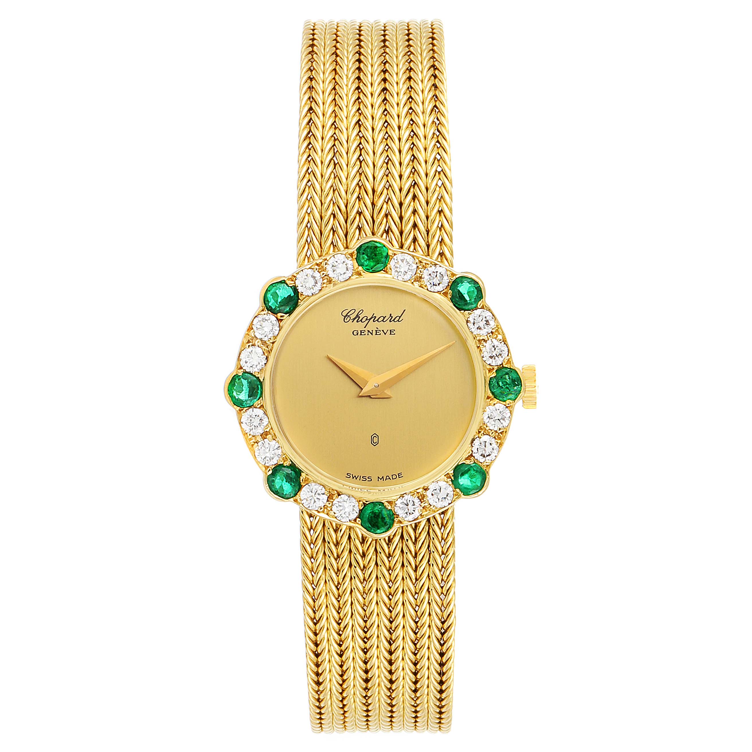 The image shows a frontal view of the Chopard 4057 Women's Yellow Gold Champagne Dial 4057 Women's Yellow Gold Champagne Dial 4057 model watch, featuring an 18K yellow gold band, diamond, and emerald bezel.
