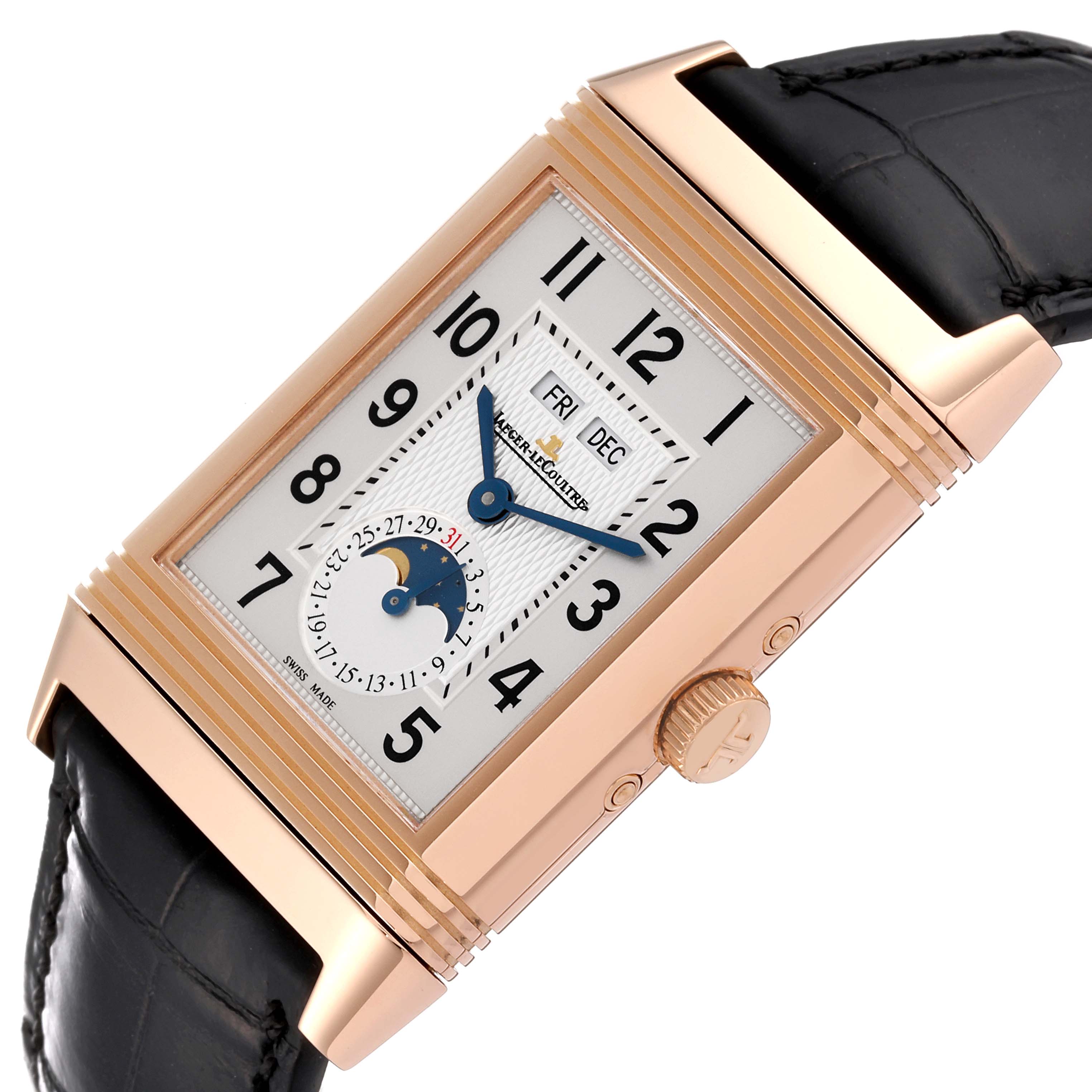 The image displays a Jaeger LeCoultre Reverso Q3752520 Men's Rose Gold Silver Dial Q3752520 Men's Rose Gold Silver Dial watch at a three-quarter angle, showing the face, crown, and part of the black leather strap.