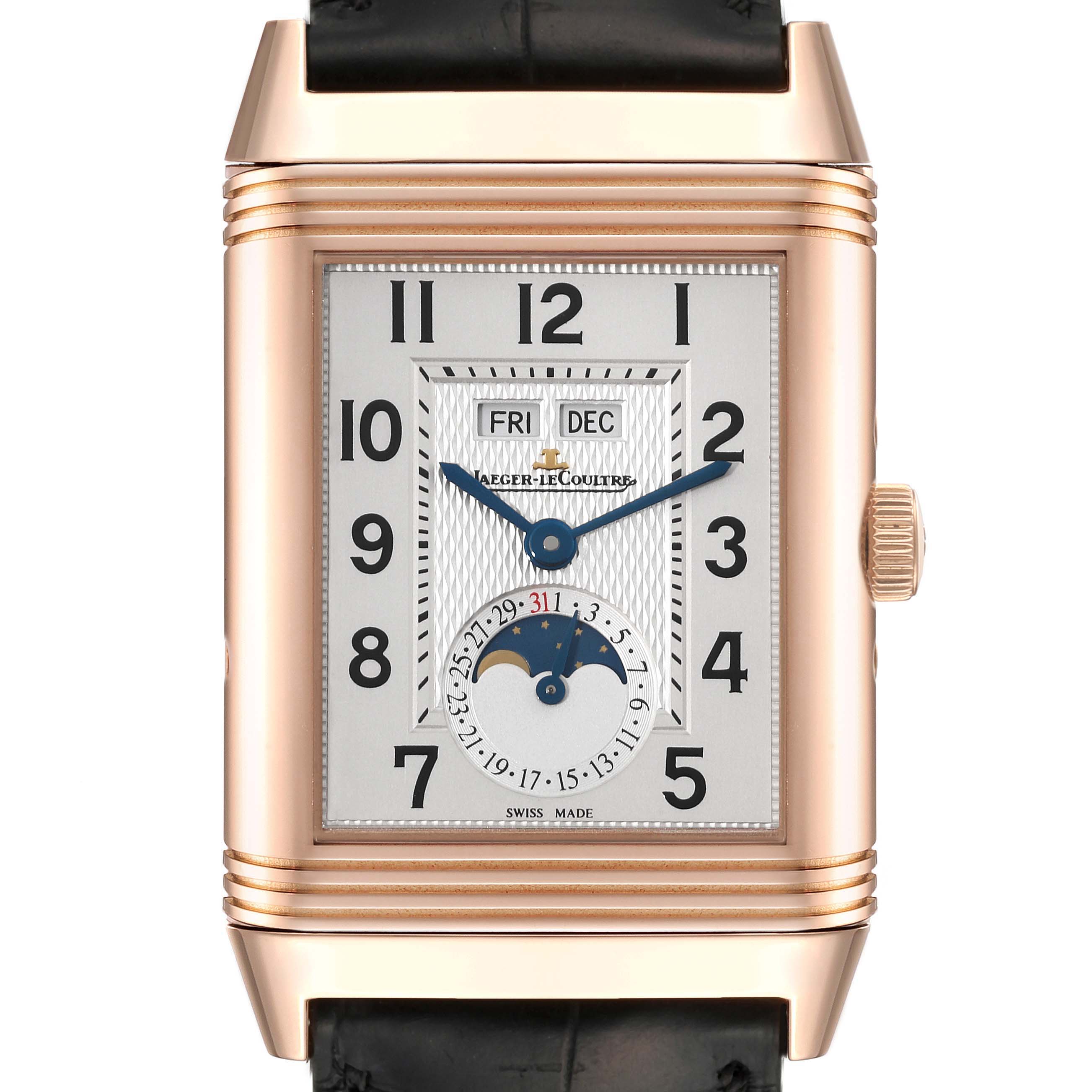 This image shows a front view of the Jaeger LeCoultre Reverso Q3752520 Men's Rose Gold Silver Dial Q3752520 Men's Rose Gold Silver Dial watch, highlighting its face and dial details.