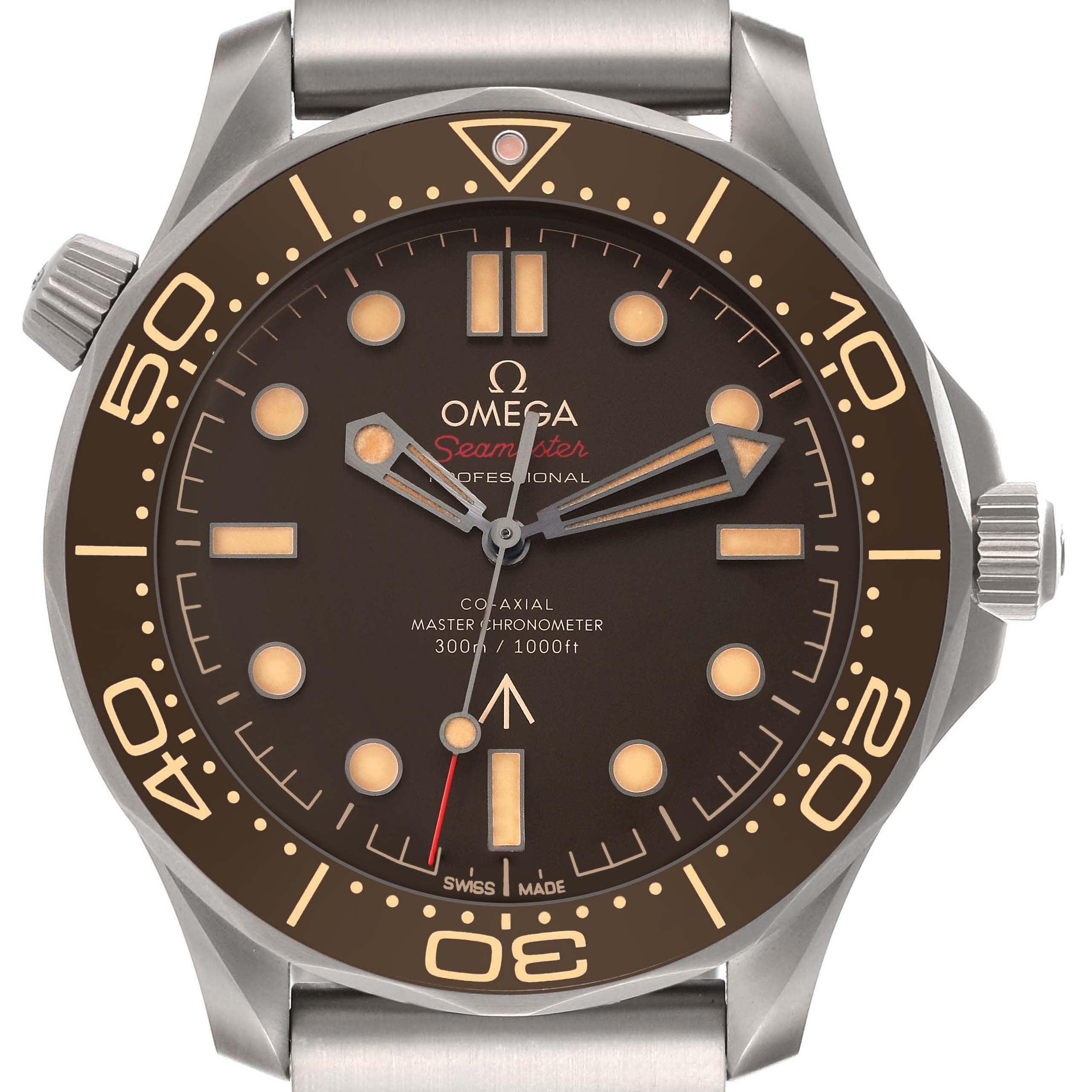 The image shows the front view of an Omega Seamaster 210.90.42.20.01.001 Men's Titanium Brown Dial 210.90.42.20.01.001 Men's Titanium Brown Dial watch, highlighting the dial, bezel, hands, and crown.