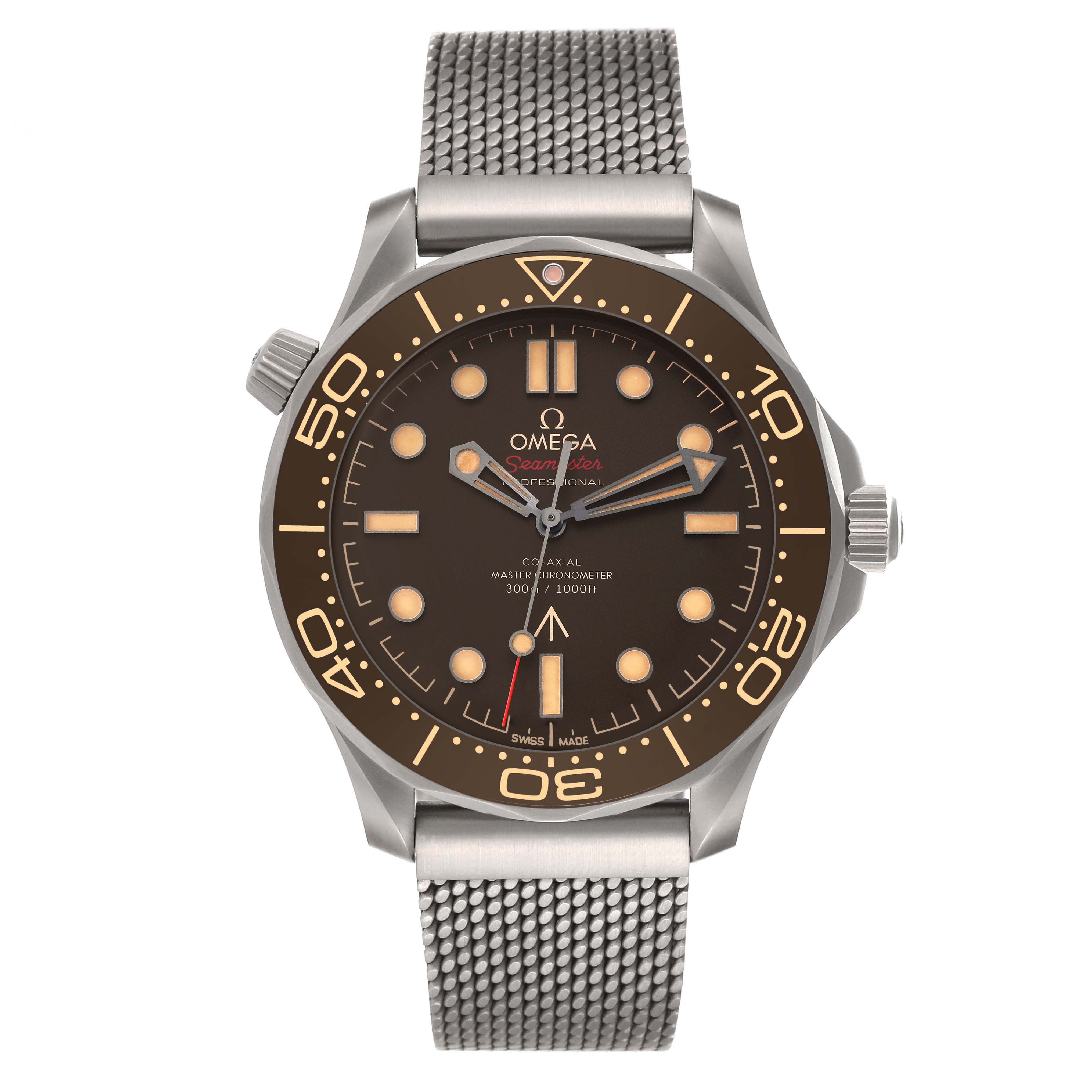 The Omega Seamaster 210.90.42.20.01.001 Men's Titanium Brown Dial 210.90.42.20.01.001 Men's Titanium Brown Dial watch is shown from a front view, displaying the brown dial, bezel, hands, and mesh strap.