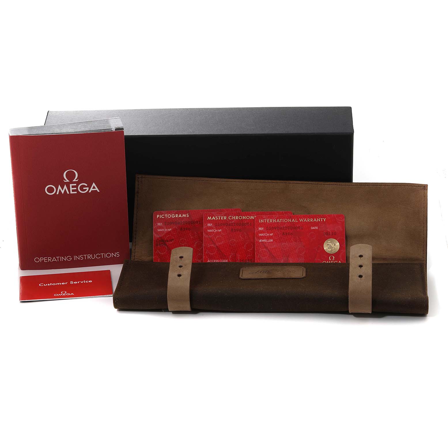 The image shows operating instructions, a customer service card, warranty cards, and a leather pouch for the Omega Seamaster 210.90.42.20.01.001 Men's Titanium Brown Dial 210.90.42.20.01.001 Men's Titanium Brown Dial watch.