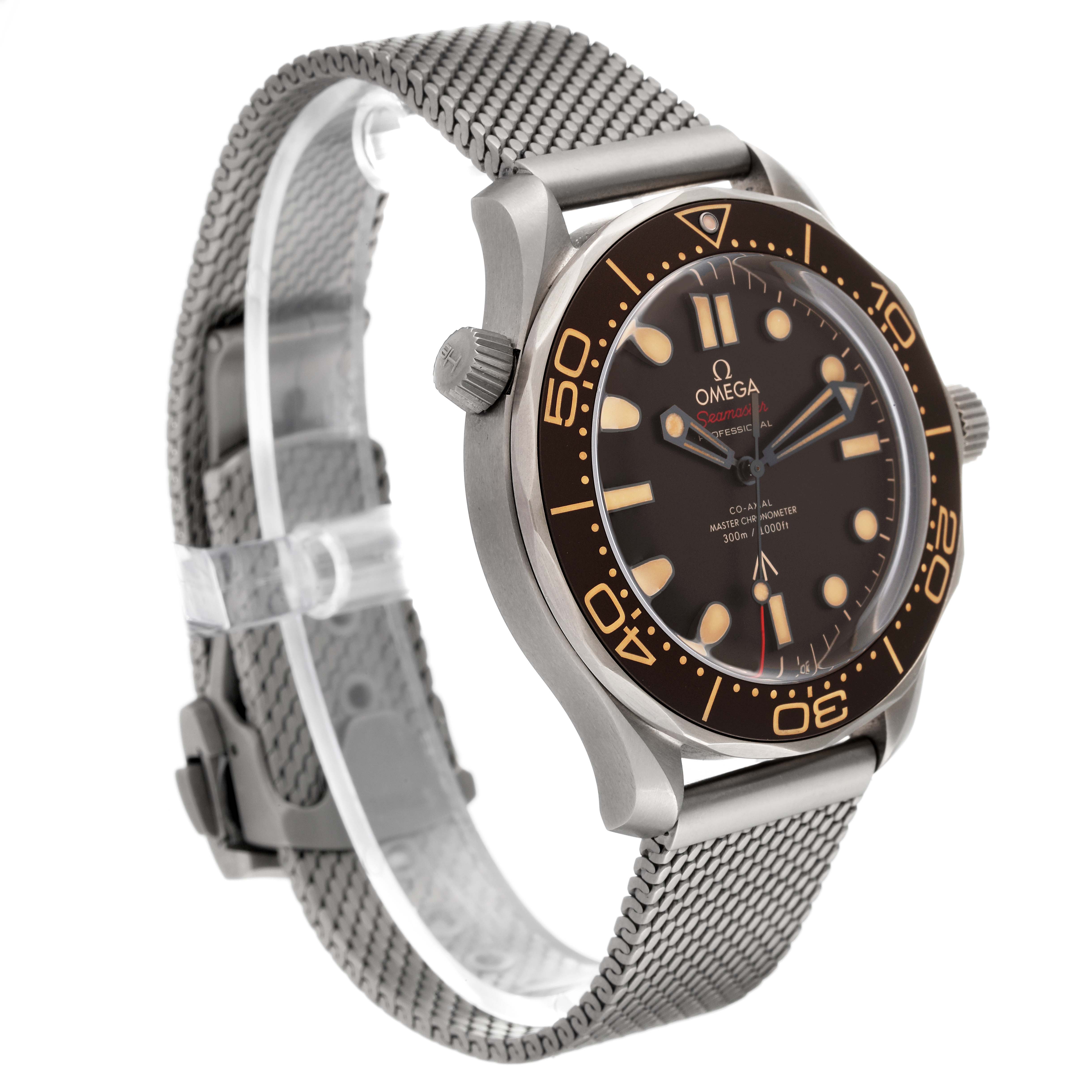 The image shows a side profile and partial front view of the Omega Seamaster 210.90.42.20.01.001 Men's Titanium Brown Dial 210.90.42.20.01.001 Men's Titanium Brown Dial watch, highlighting the bezel, dial, crown, and metal mesh strap.