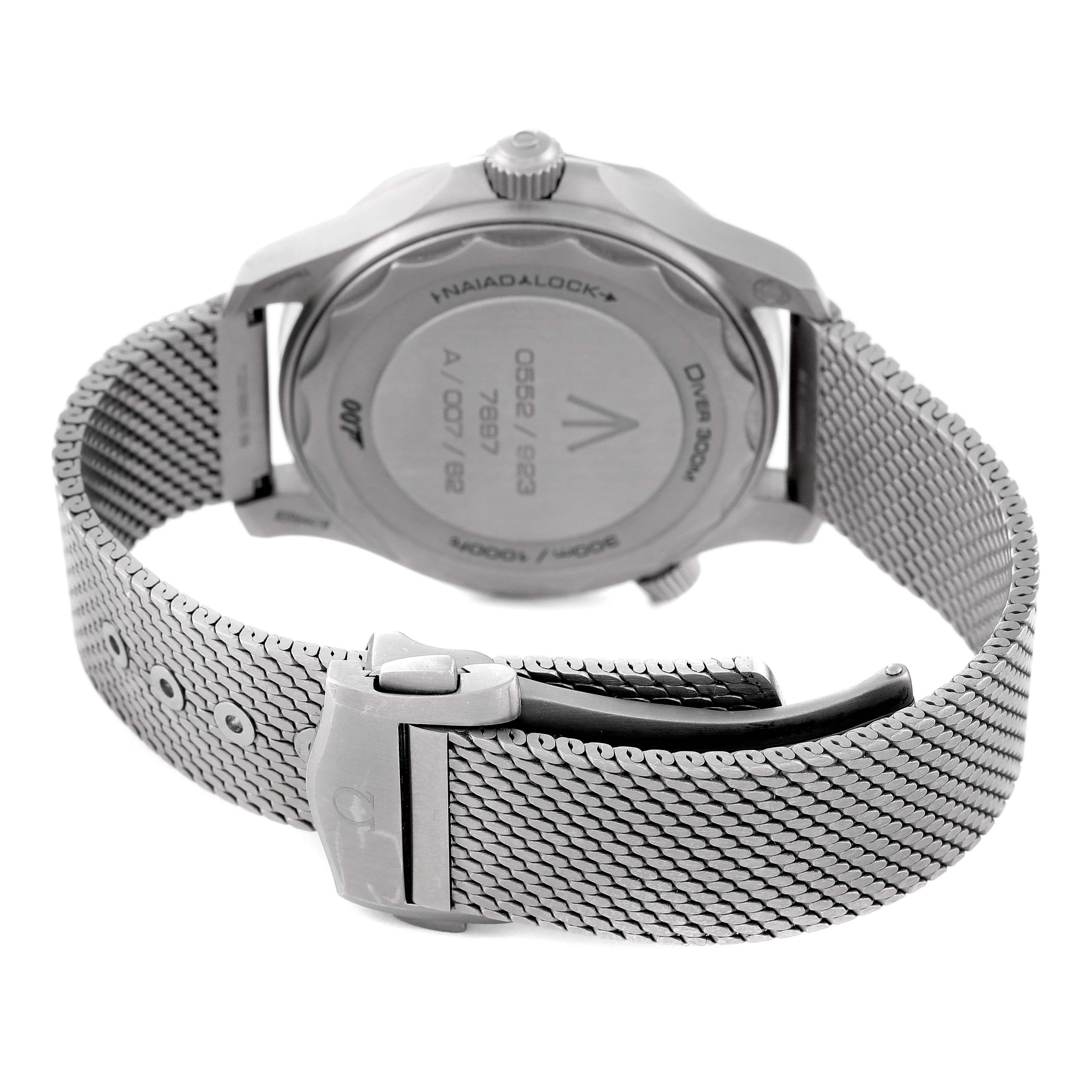 This image shows the back case and metal mesh bracelet of an Omega Seamaster 210.90.42.20.01.001 Men's Titanium Brown Dial 210.90.42.20.01.001 Men's Titanium Brown Dial watch.