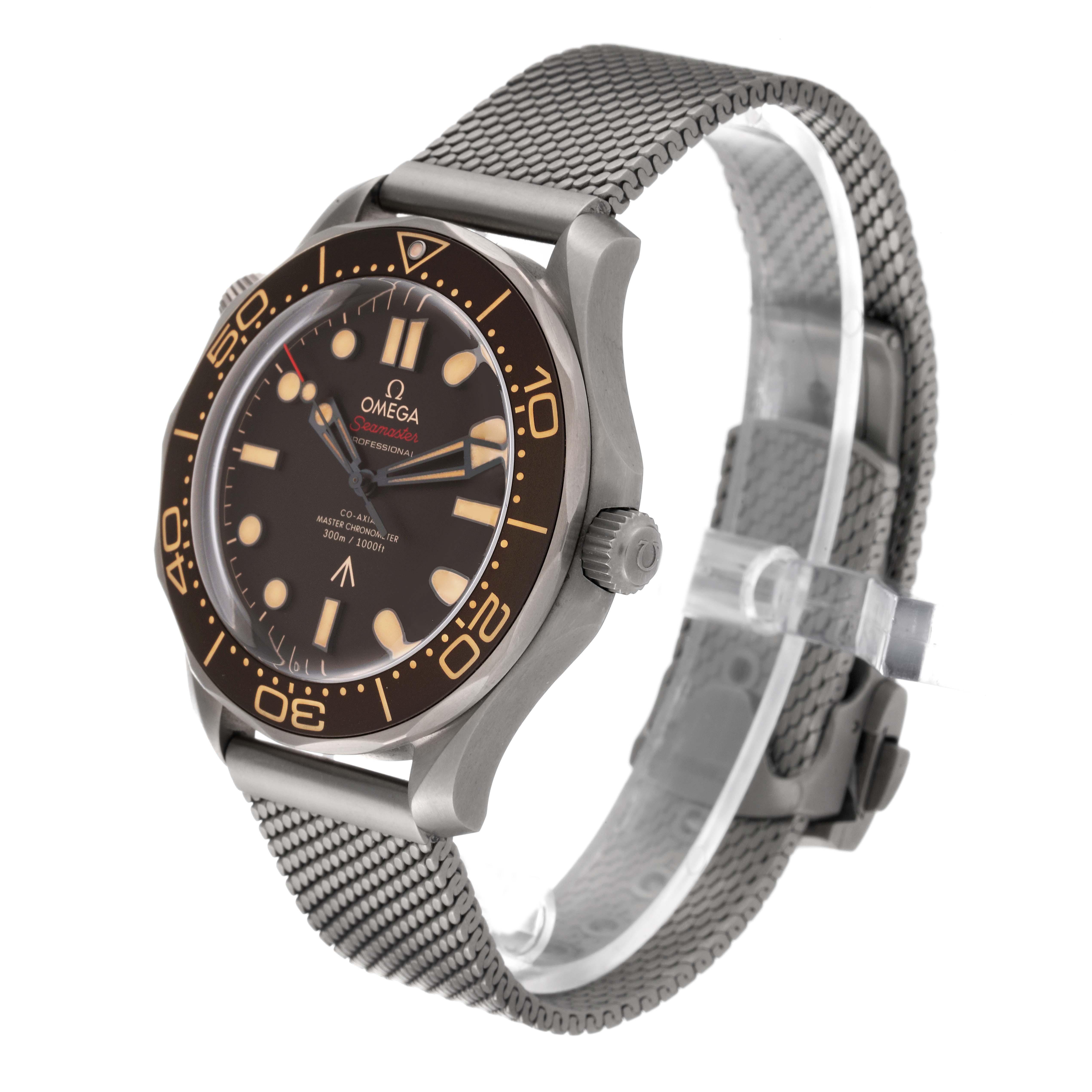 The Omega Seamaster 210.90.42.20.01.001 Men's Titanium Brown Dial 210.90.42.20.01.001 Men's Titanium Brown Dial watch is shown at a three-quarter angle, highlighting the dial, bezel, crown, and mesh strap.