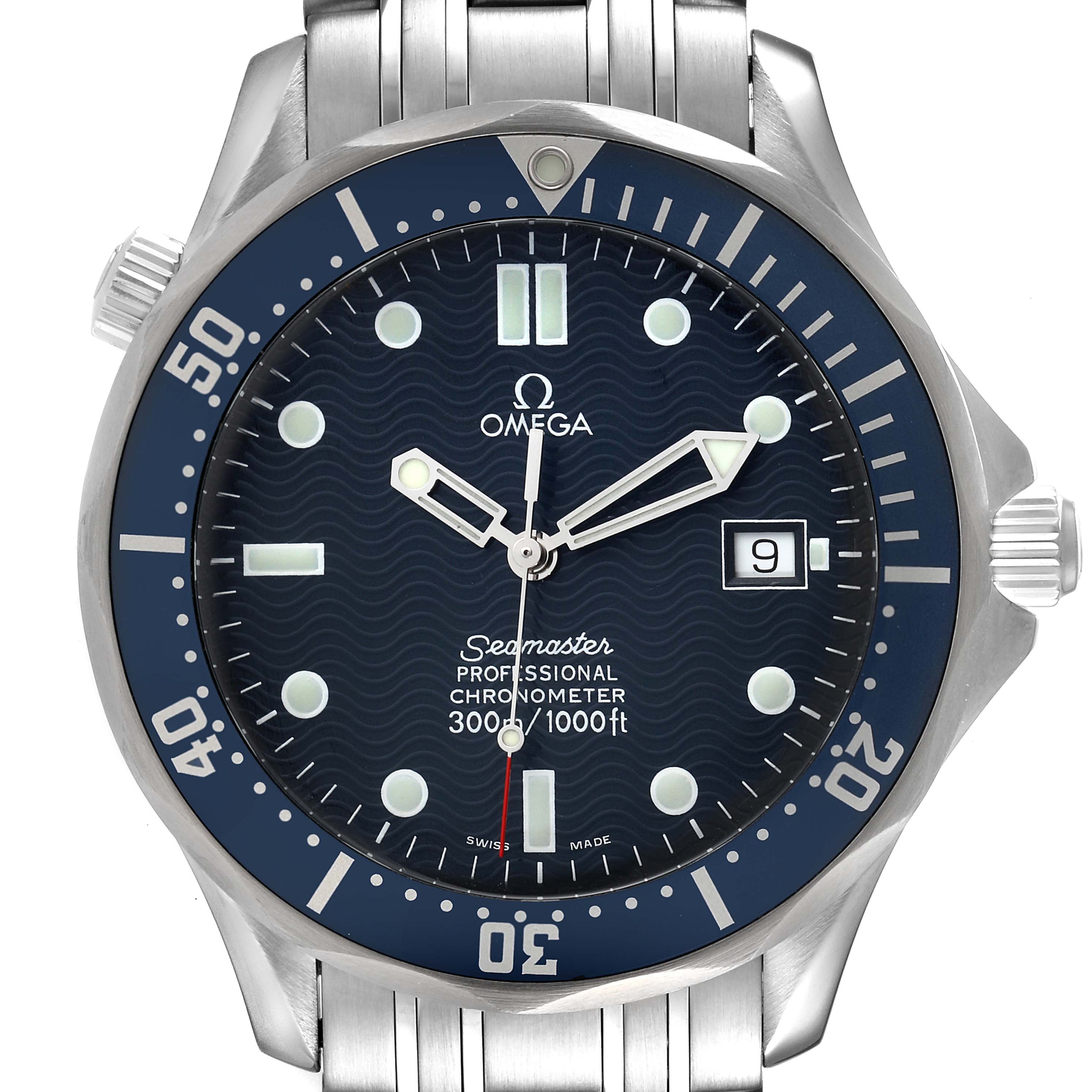 This image shows the face, bezel, and bracelet of the Omega Seamaster 2531.80.00 Men's Stainless Steel Blue Dial 2531.80.00 Men's Stainless Steel Blue Dial watch at a front angle.