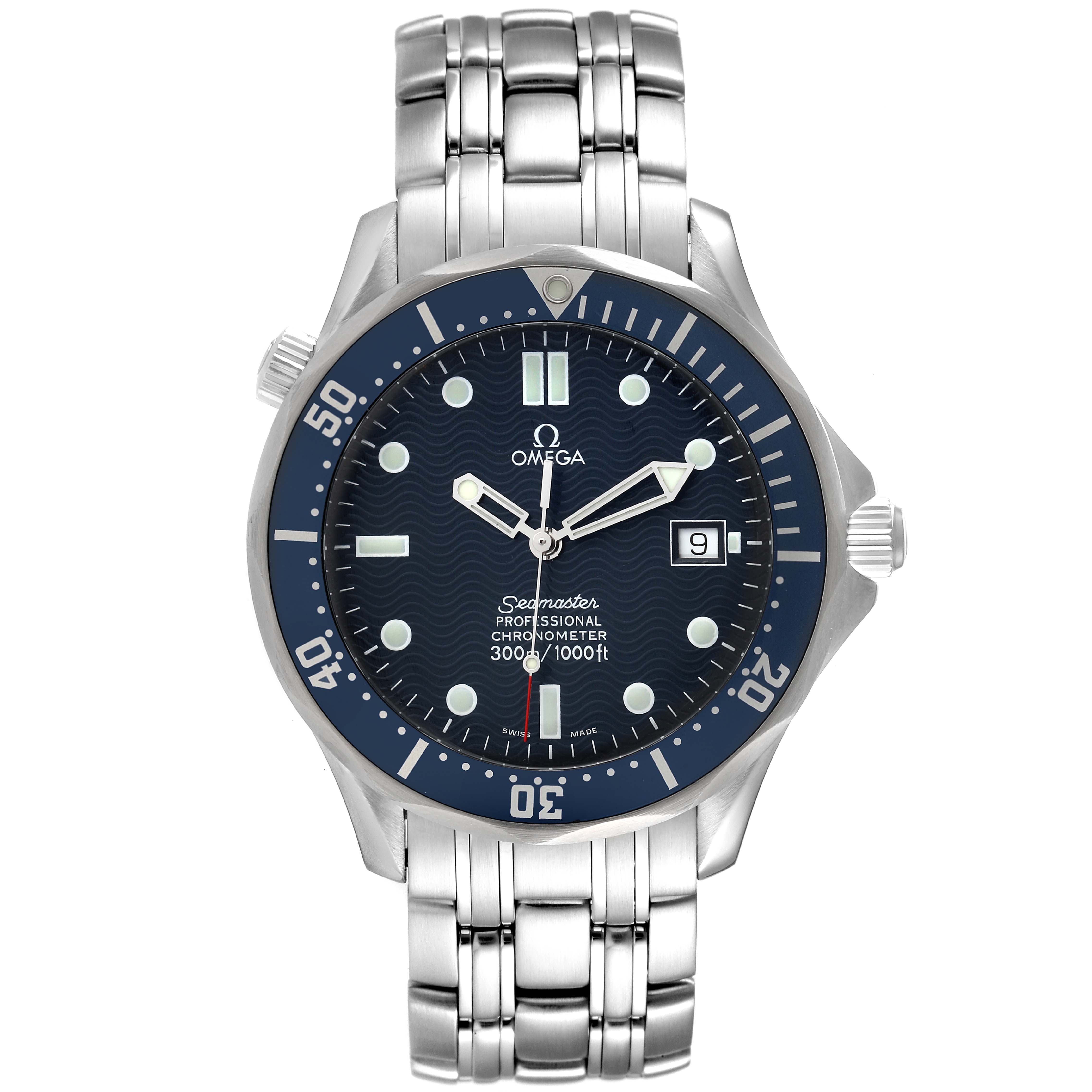 The image shows a front view of an Omega Seamaster 2531.80.00 Men's Stainless Steel Blue Dial 2531.80.00 Men's Stainless Steel Blue Dial watch, displaying the dial, bezel, crown, and stainless steel bracelet.