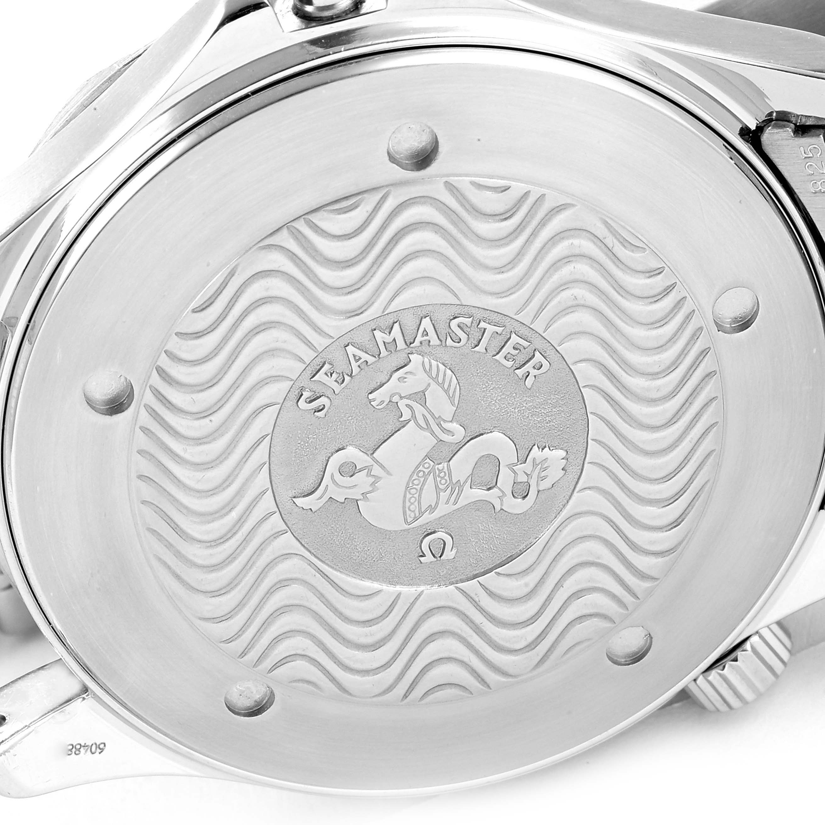 This image shows the case back of an Omega Seamaster 2531.80.00 Men's Stainless Steel Blue Dial 2531.80.00 Men's Stainless Steel Blue Dial watch with an engraved seahorse and wave pattern.