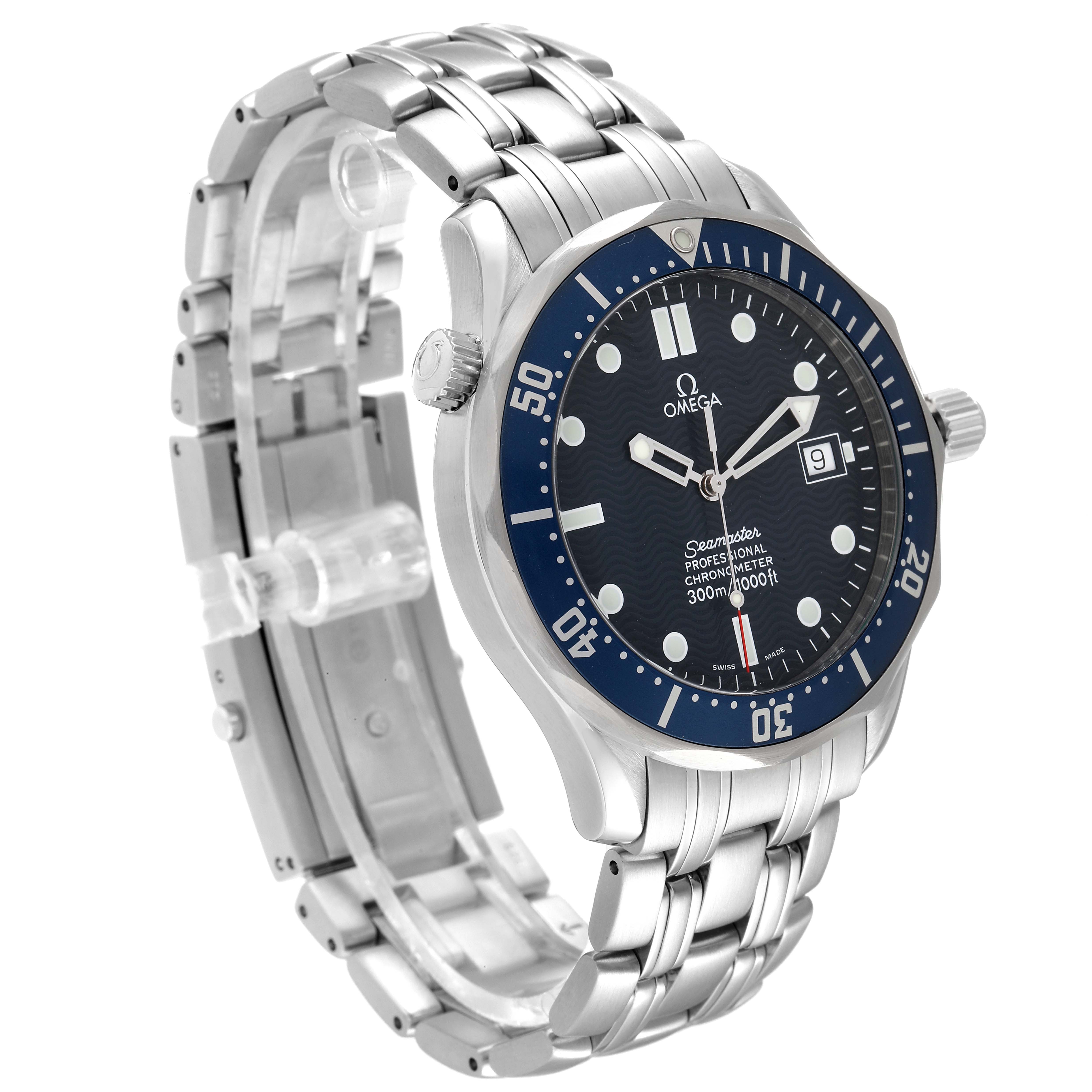 The image shows an angled front view of an Omega Seamaster 2531.80.00 Men's Stainless Steel Blue Dial 2531.80.00 Men's Stainless Steel Blue Dial watch, highlighting its face, bezel, and metal bracelet.