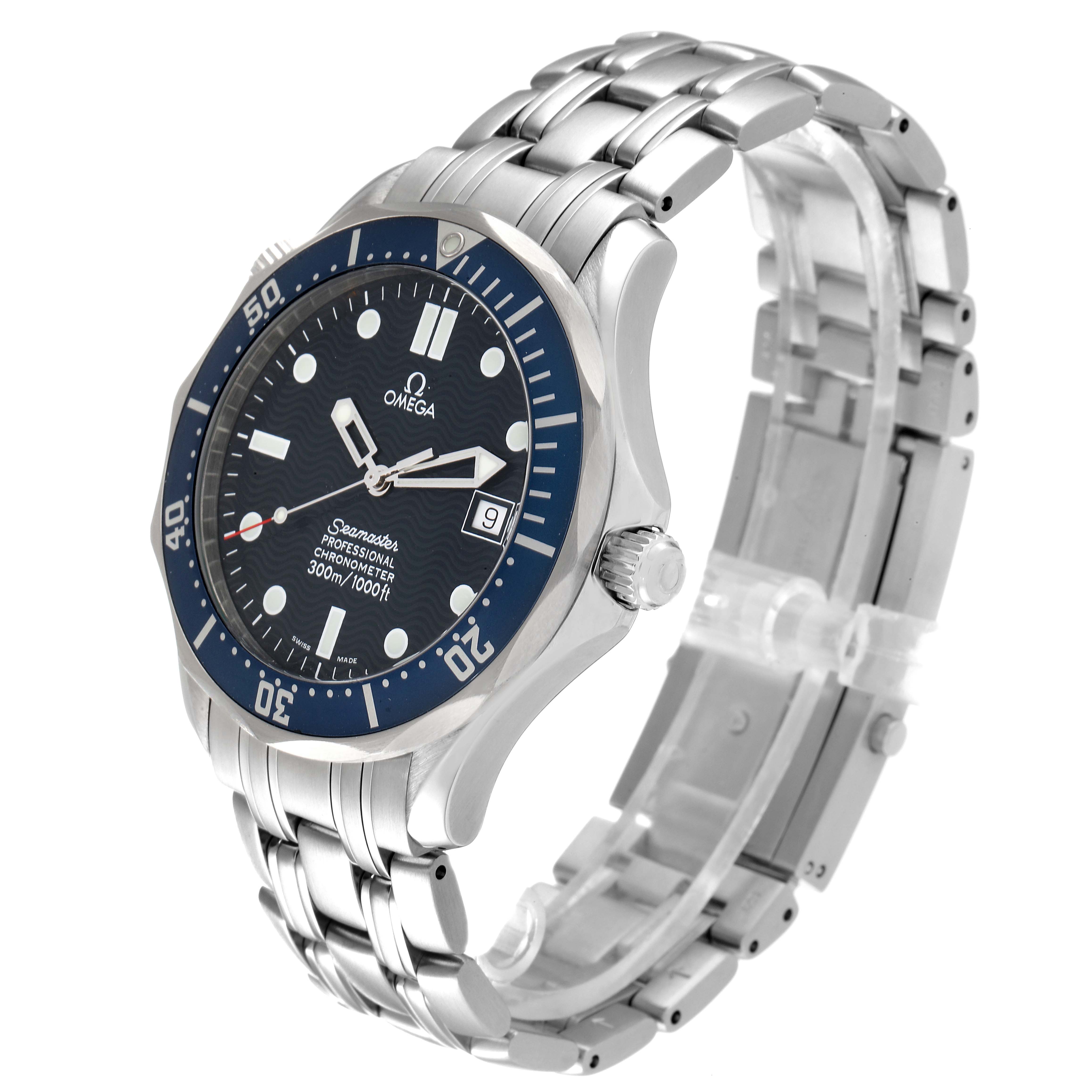 The image shows a tilted side view of the Omega Seamaster 2531.80.00 Men's Stainless Steel Blue Dial 2531.80.00 Men's Stainless Steel Blue Dial watch, displaying its face, bezel, crown, and metal bracelet.