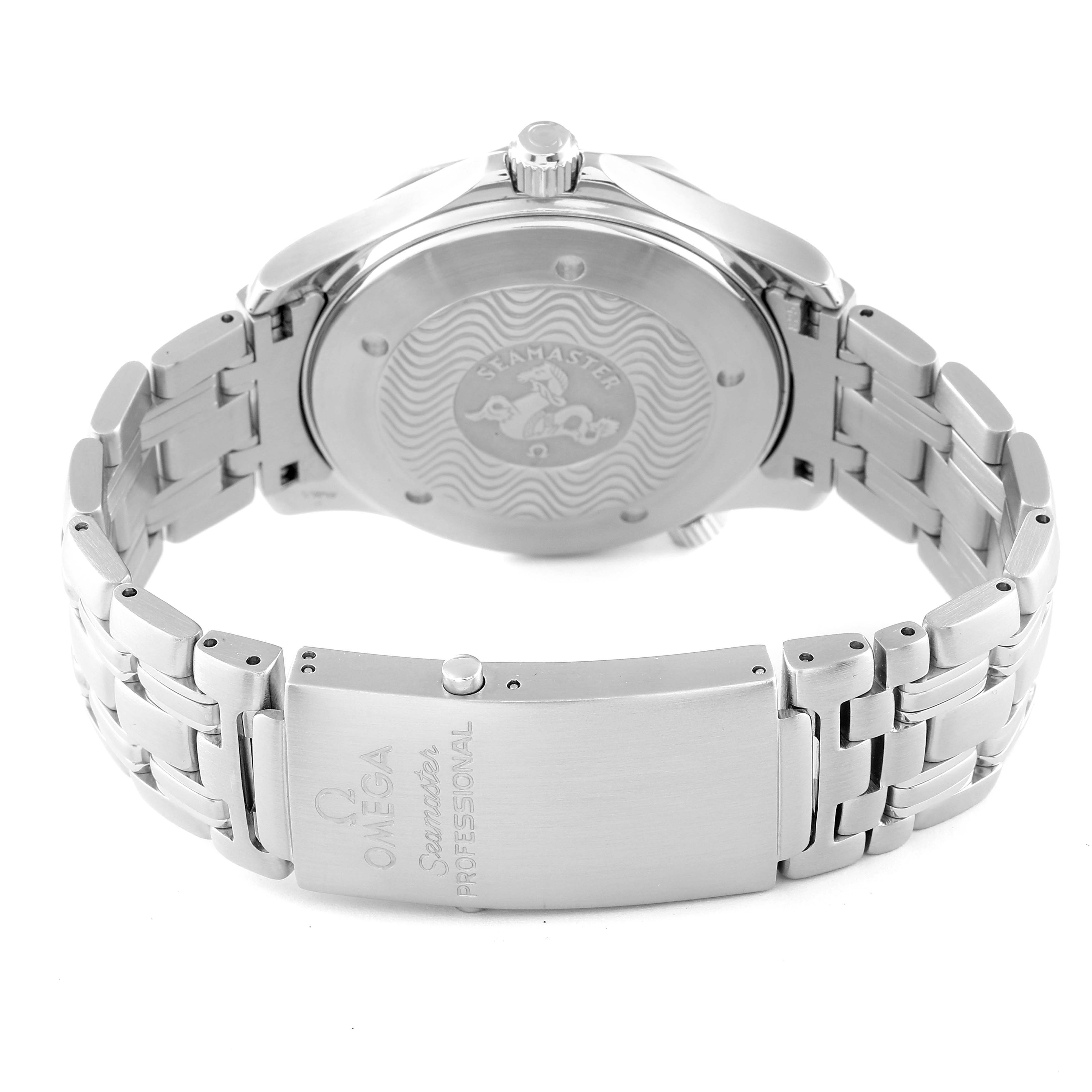 The image shows the back view of an Omega Seamaster 2531.80.00 Men's Stainless Steel Blue Dial 2531.80.00 Men's Stainless Steel Blue Dial watch, focusing on its case back, crown, and metal bracelet with a clasp.