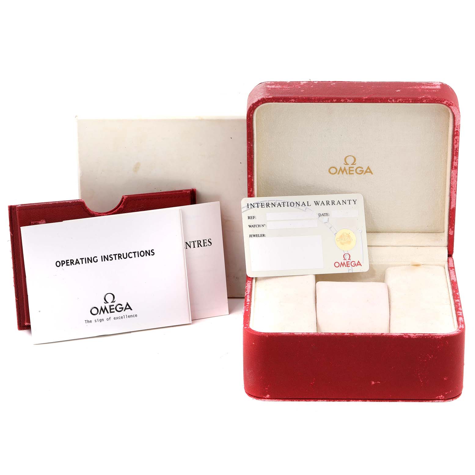 The image shows the accessories for an Omega Seamaster 2531.80.00 Men's Stainless Steel Blue Dial 2531.80.00 Men's Stainless Steel Blue Dial: a watch box, an international warranty card, and instruction booklets.