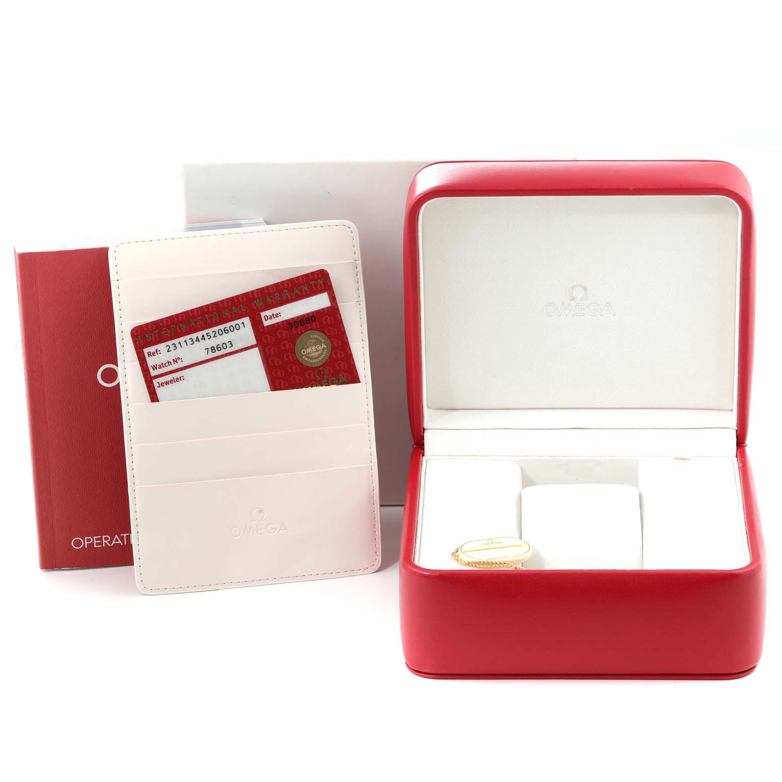 The image shows the Omega Aqua Terra 231.13.44.52.06.001 Men's Stainless Steel Black Dial 231.13.44.52.06.001 Men's Stainless Steel Black Dial watch accessories, including a red Omega box, warranty cards, and an operating manual.