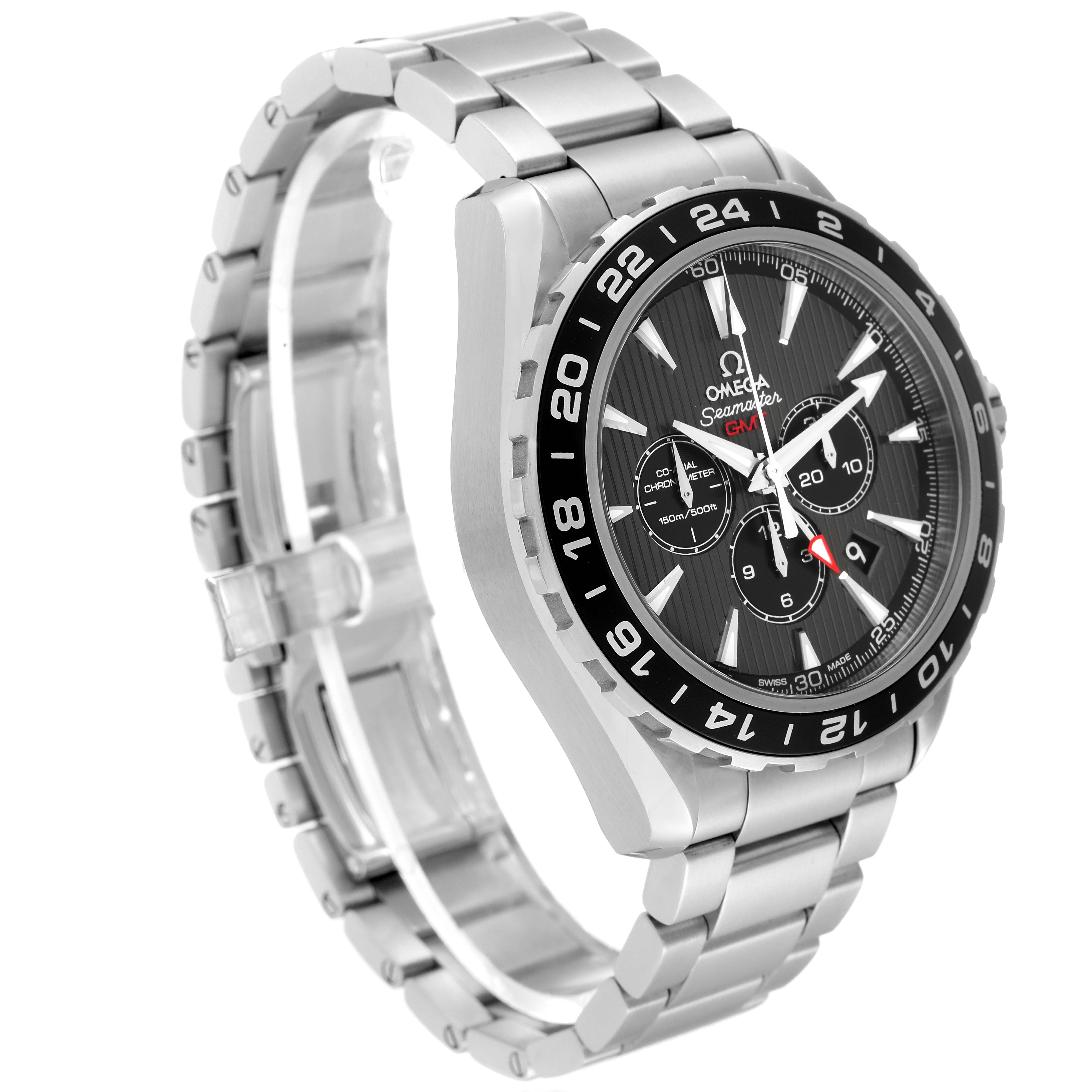 The image shows an Omega Aqua Terra 231.13.44.52.06.001 Men's Stainless Steel Black Dial 231.13.44.52.06.001 Men's Stainless Steel Black Dial watch at an angle highlighting the face, bezel, and stainless steel bracelet.