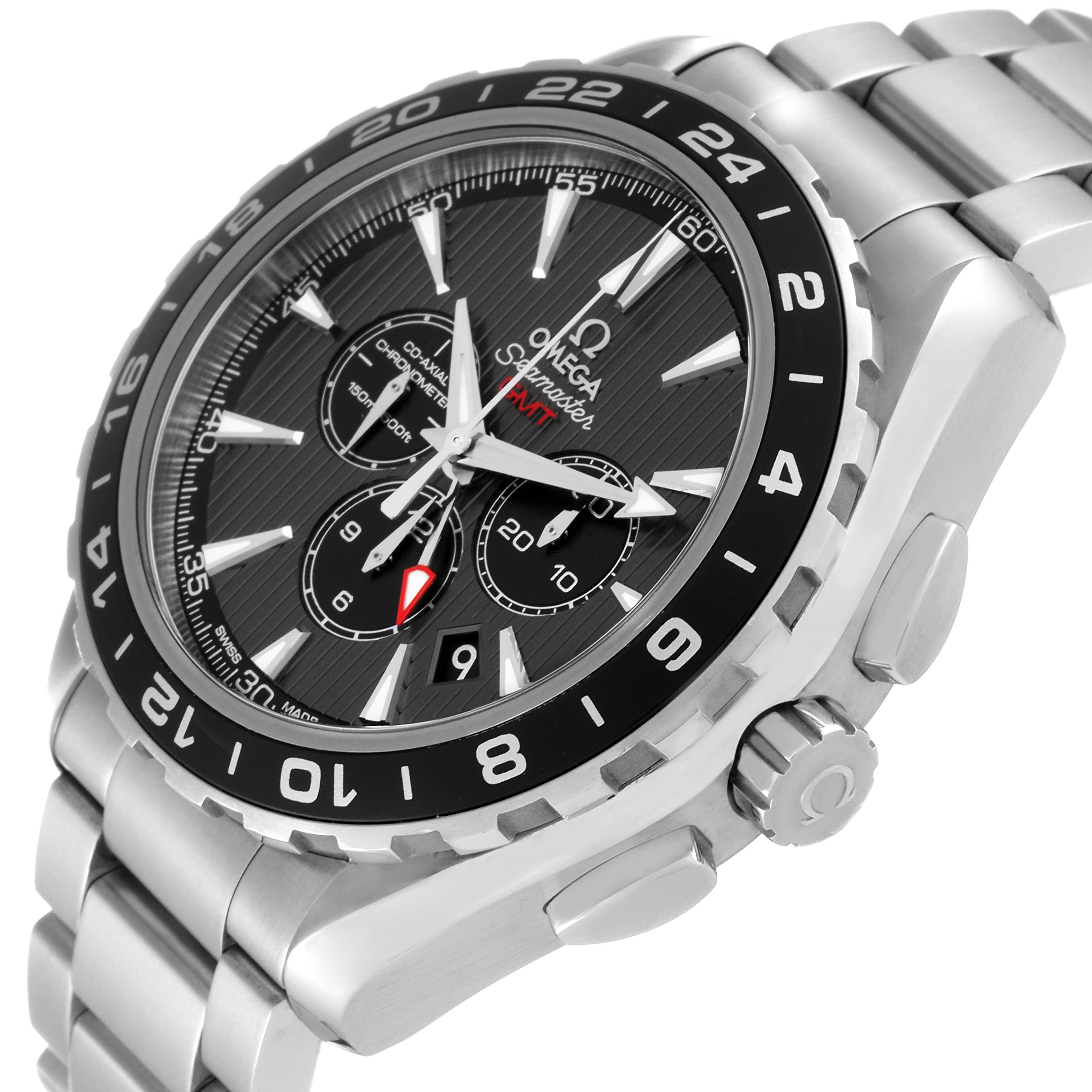 This image shows the Omega Aqua Terra 231.13.44.52.06.001 Men's Stainless Steel Black Dial 231.13.44.52.06.001 Men's Stainless Steel Black Dial watch at an angle highlighting the face, bezel, crown, and bracelet.