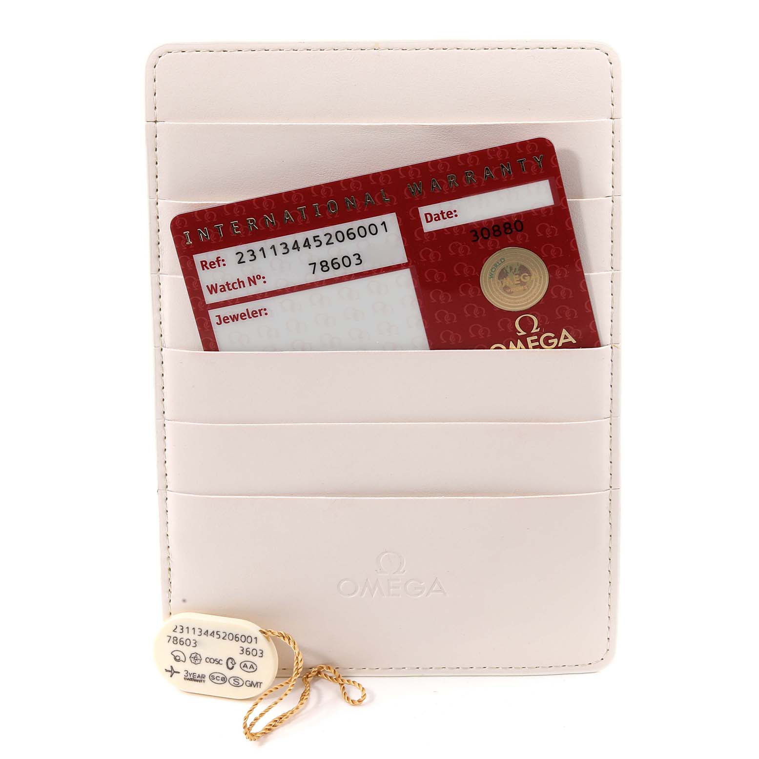 The image shows the warranty card and tag for an Omega Aqua Terra 231.13.44.52.06.001 Men's Stainless Steel Black Dial 231.13.44.52.06.001 Men's Stainless Steel Black Dial watch, along with a white Omega cardholder.