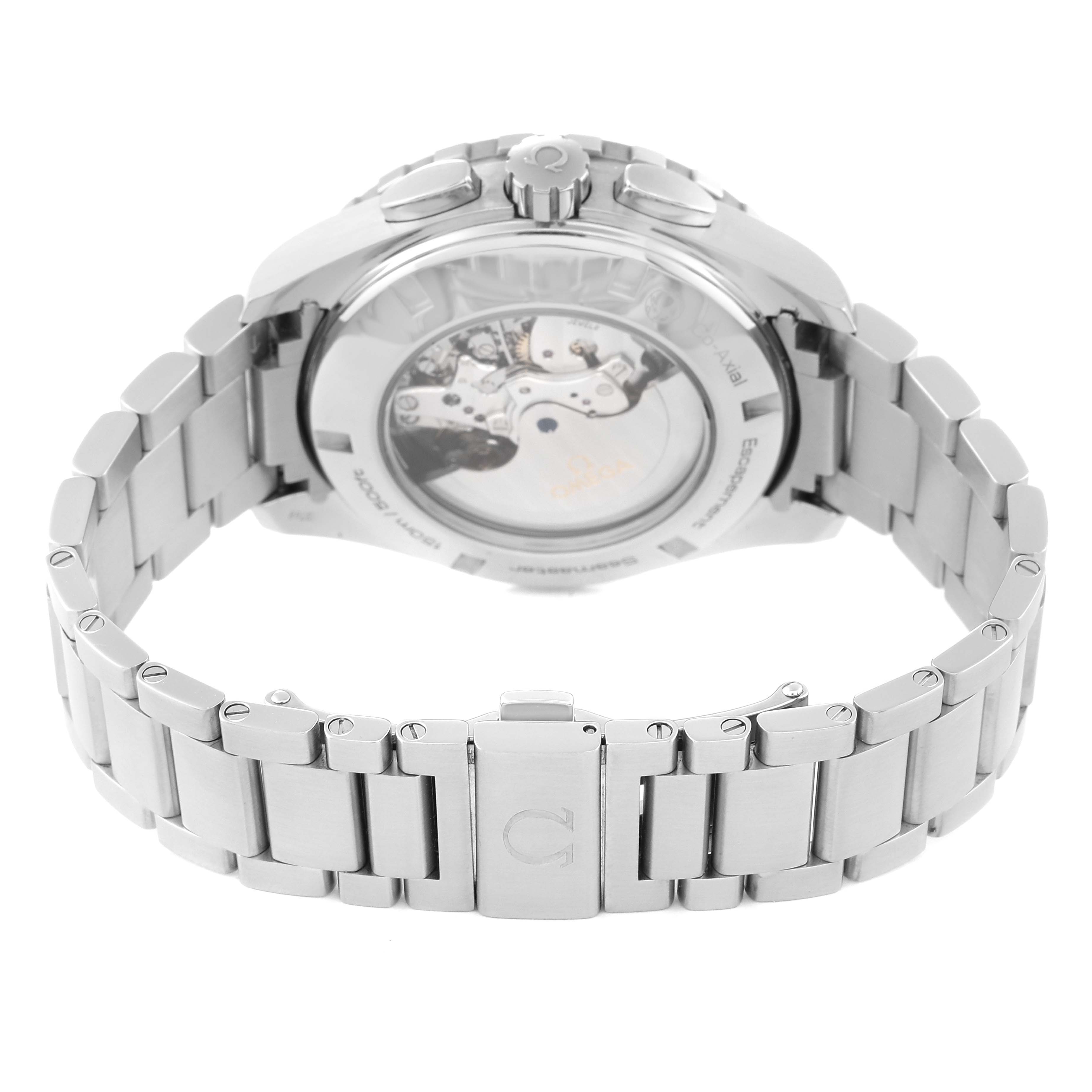 This image shows the back view of the Omega Aqua Terra 231.13.44.52.06.001 Men's Stainless Steel Black Dial 231.13.44.52.06.001 Men's Stainless Steel Black Dial watch, highlighting its bracelet, clasp, and transparent case back.