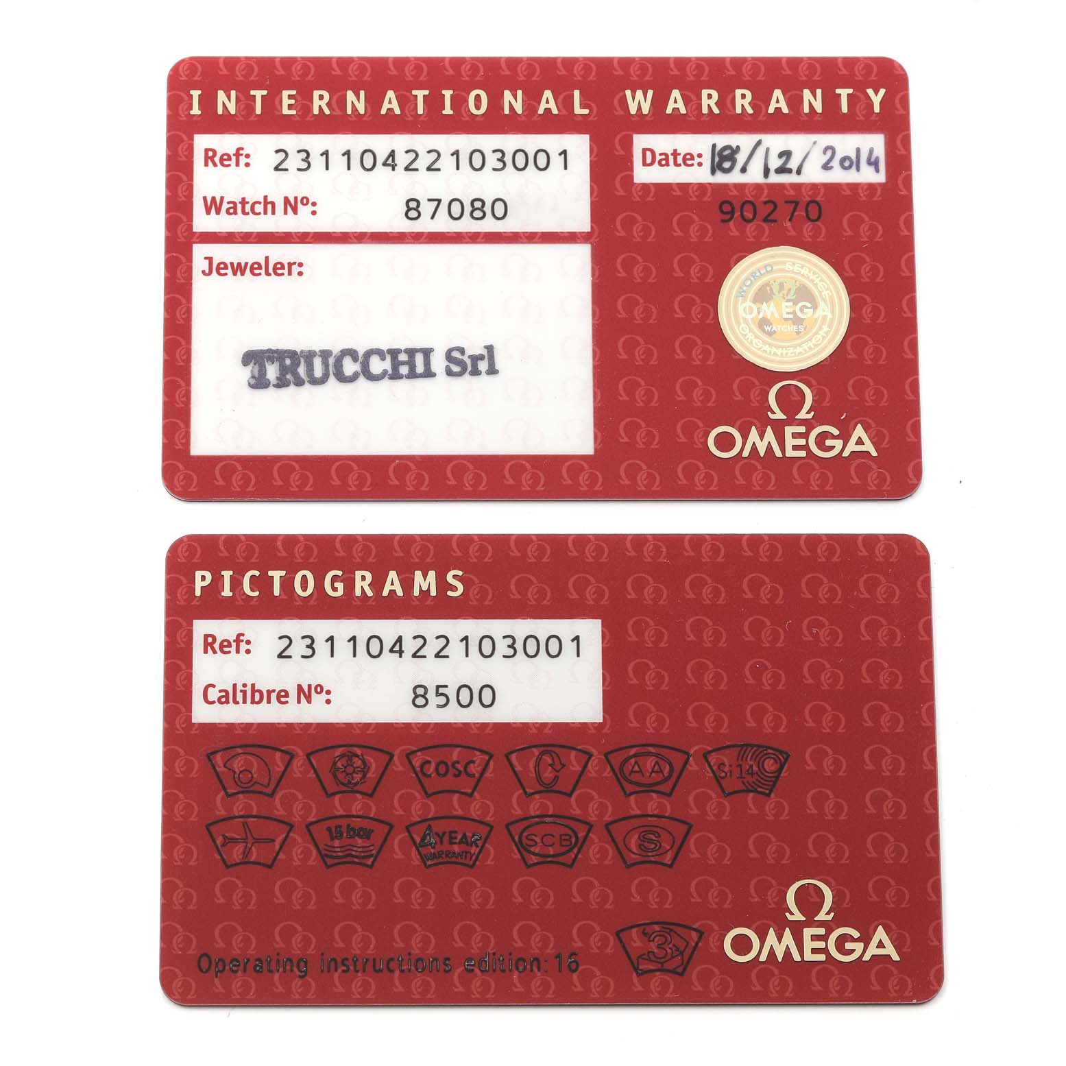The image shows the international warranty and pictograms cards for the Omega Aqua Terra 231.10.42.21.03.001 Men's Stainless Steel Blue Dial 231.10.42.21.03.001 Men's Stainless Steel Blue Dial model watch.