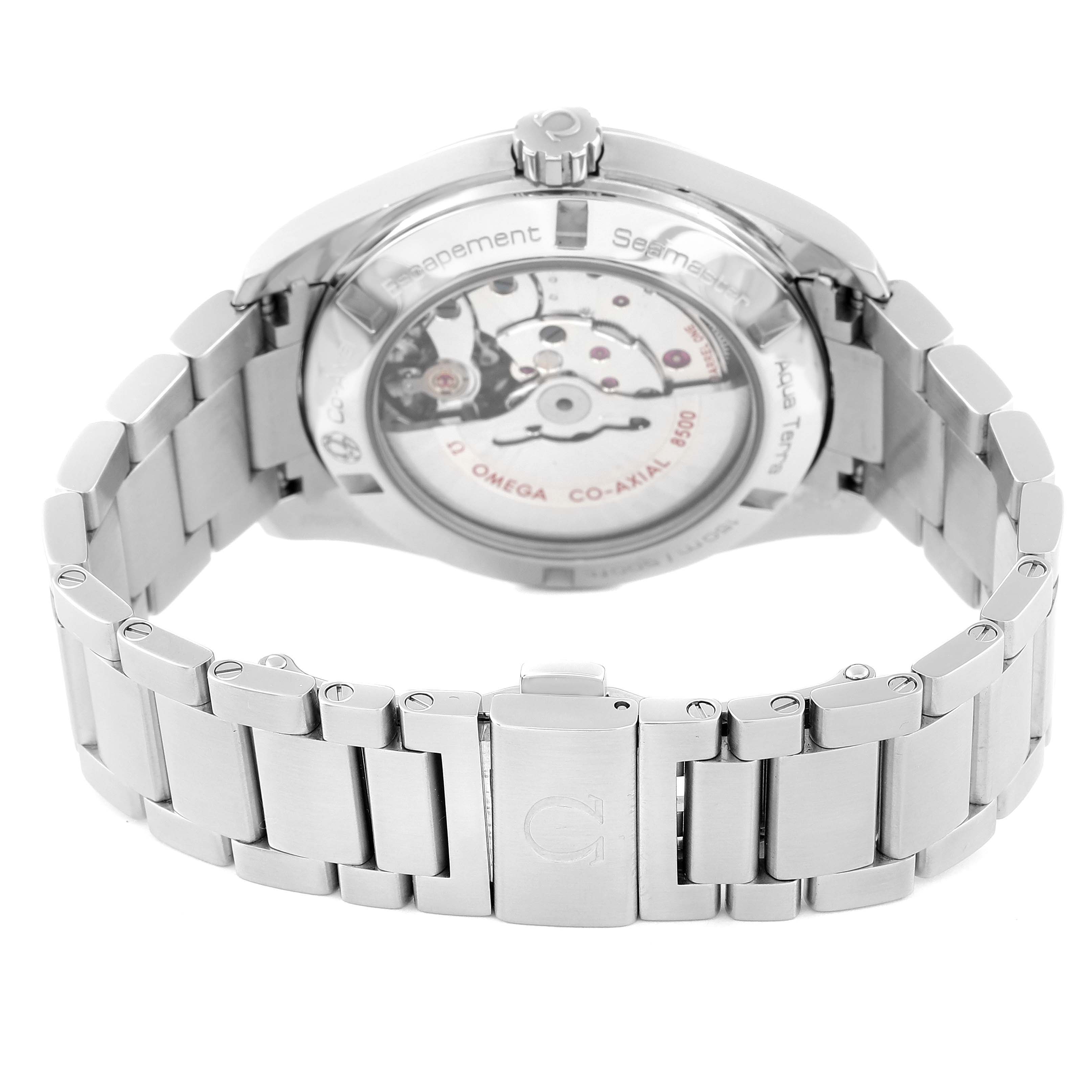 This image shows the back case and part of the bracelet of the Omega Aqua Terra 231.10.42.21.03.001 Men's Stainless Steel Blue Dial 231.10.42.21.03.001 Men's Stainless Steel Blue Dial watch at a slight angle, highlighting the movement.