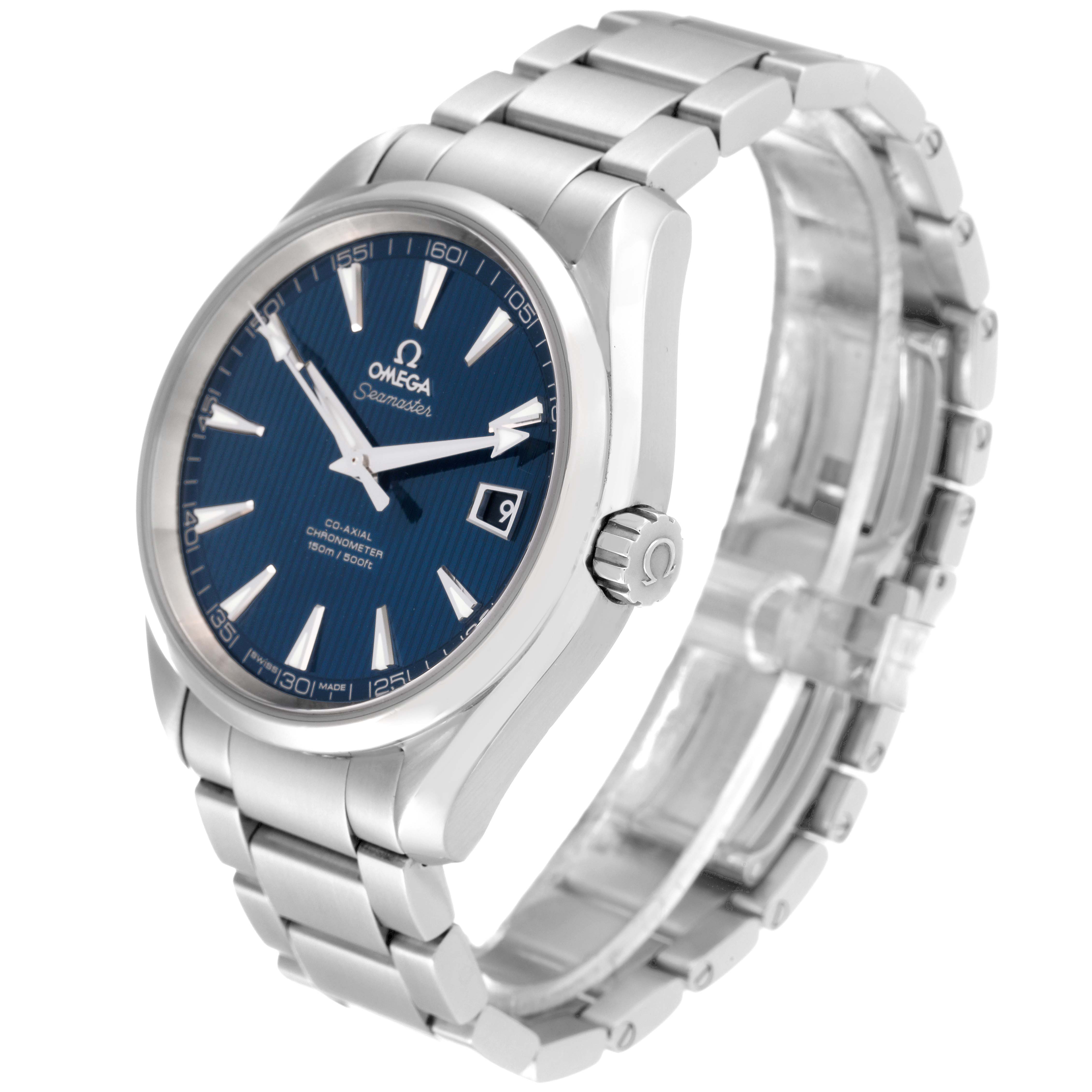 The image shows an Omega Aqua Terra 231.10.42.21.03.001 Men's Stainless Steel Blue Dial 231.10.42.21.03.001 Men's Stainless Steel Blue Dial watch at a three-quarter angle, featuring the blue dial, stainless steel casing, and bracelet.