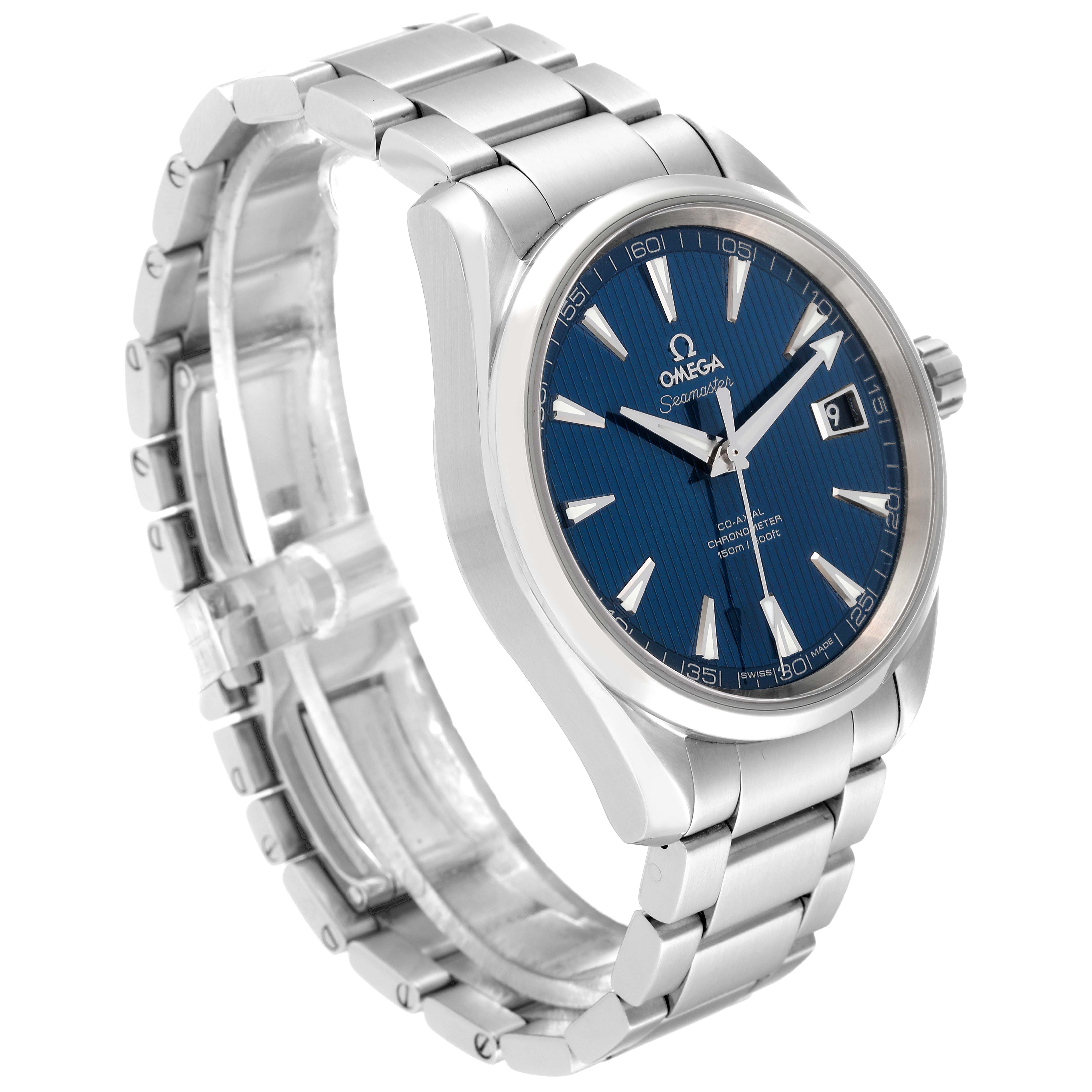 The Omega Aqua Terra 231.10.42.21.03.001 Men's Stainless Steel Blue Dial 231.10.42.21.03.001 Men's Stainless Steel Blue Dial watch is shown at a three-quarter angle, highlighting its blue dial, stainless steel bracelet, and case.