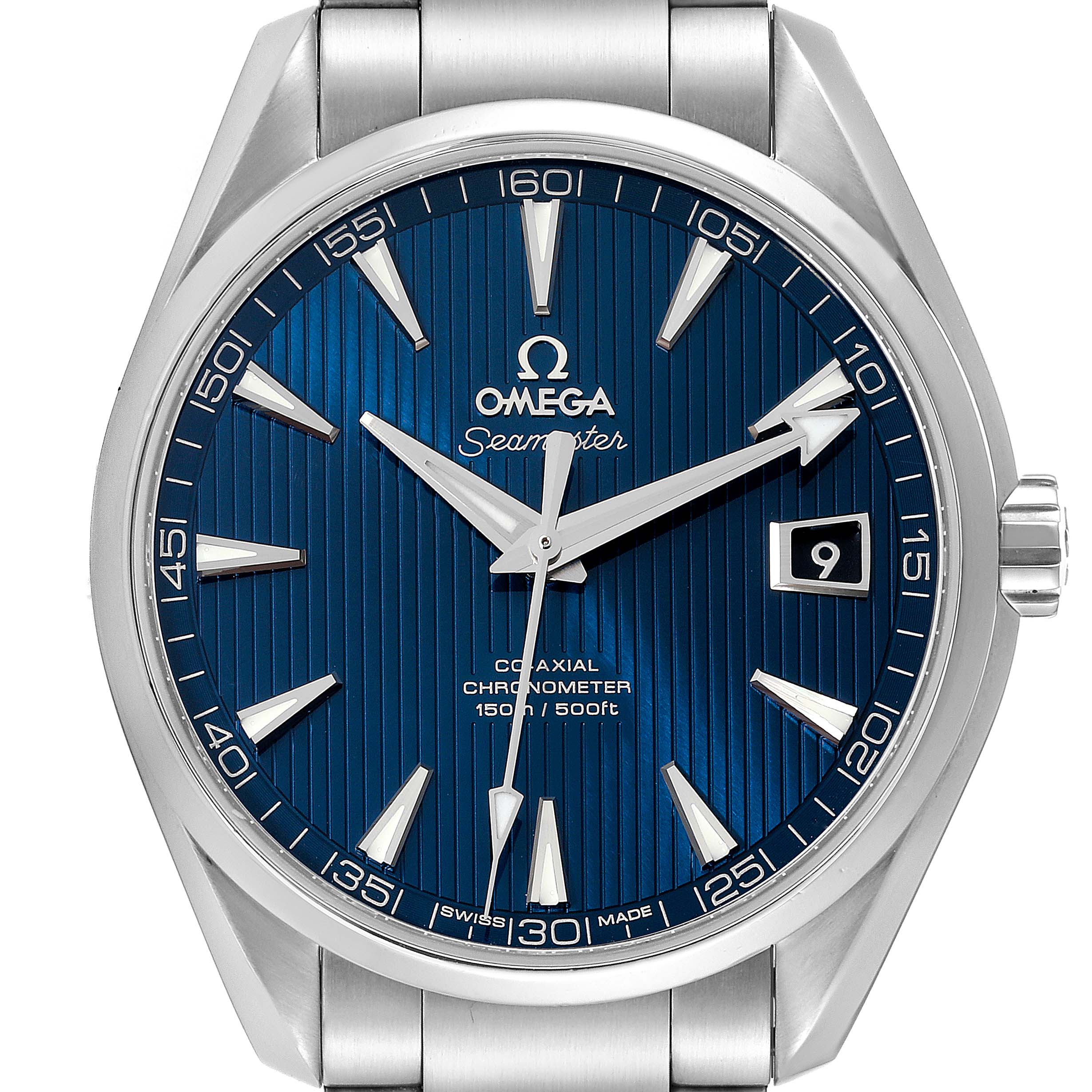 The image shows a front view of the Omega Aqua Terra 231.10.42.21.03.001 Men's Stainless Steel Blue Dial 231.10.42.21.03.001 Men's Stainless Steel Blue Dial watch, highlighting its blue dial, date window, and stainless steel bracelet.