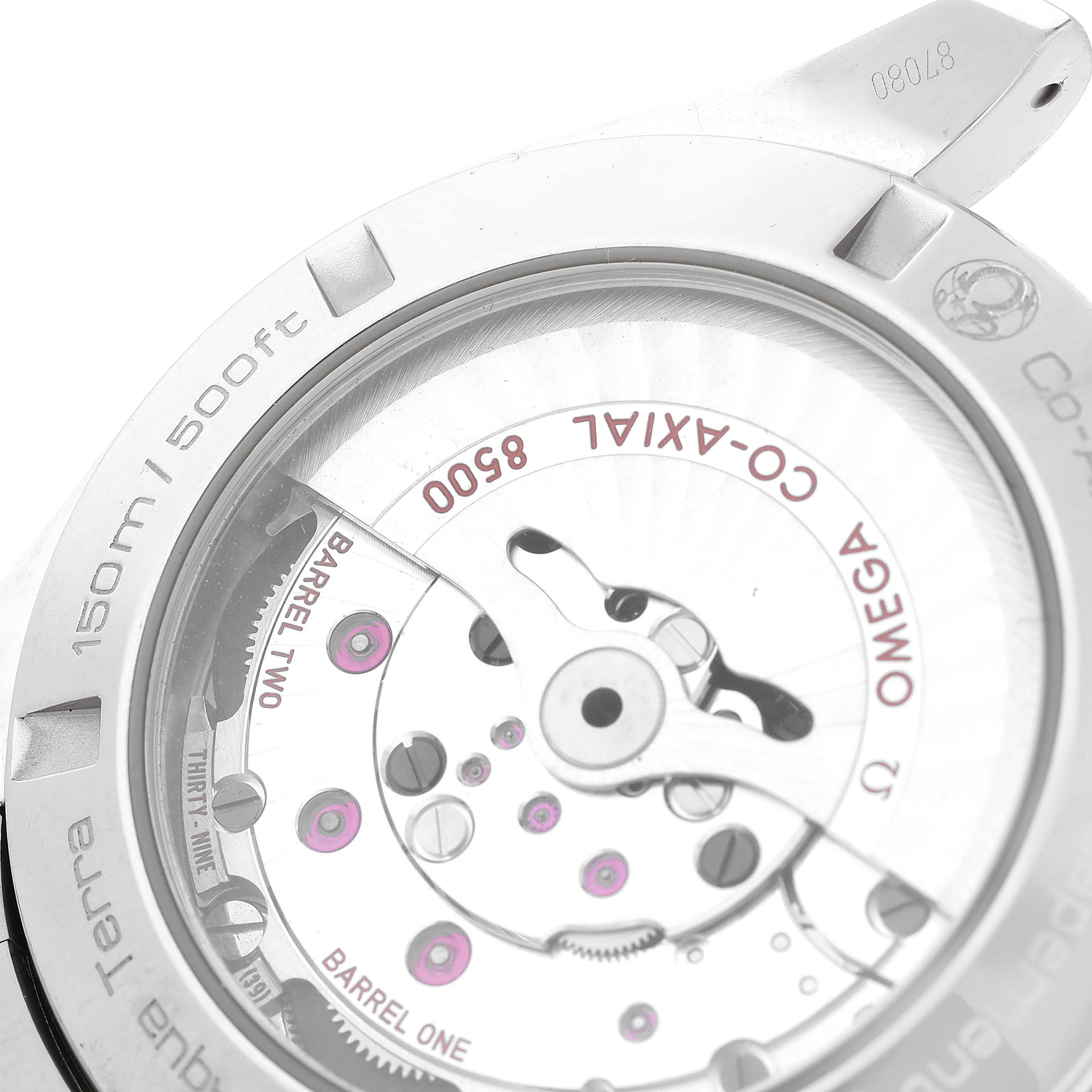 The image displays the case back and inner movement mechanism of the Omega Aqua Terra 231.10.42.21.03.001 Men's Stainless Steel Blue Dial 231.10.42.21.03.001 Men's Stainless Steel Blue Dial model watch, highlighting "Co-Axial 8500."