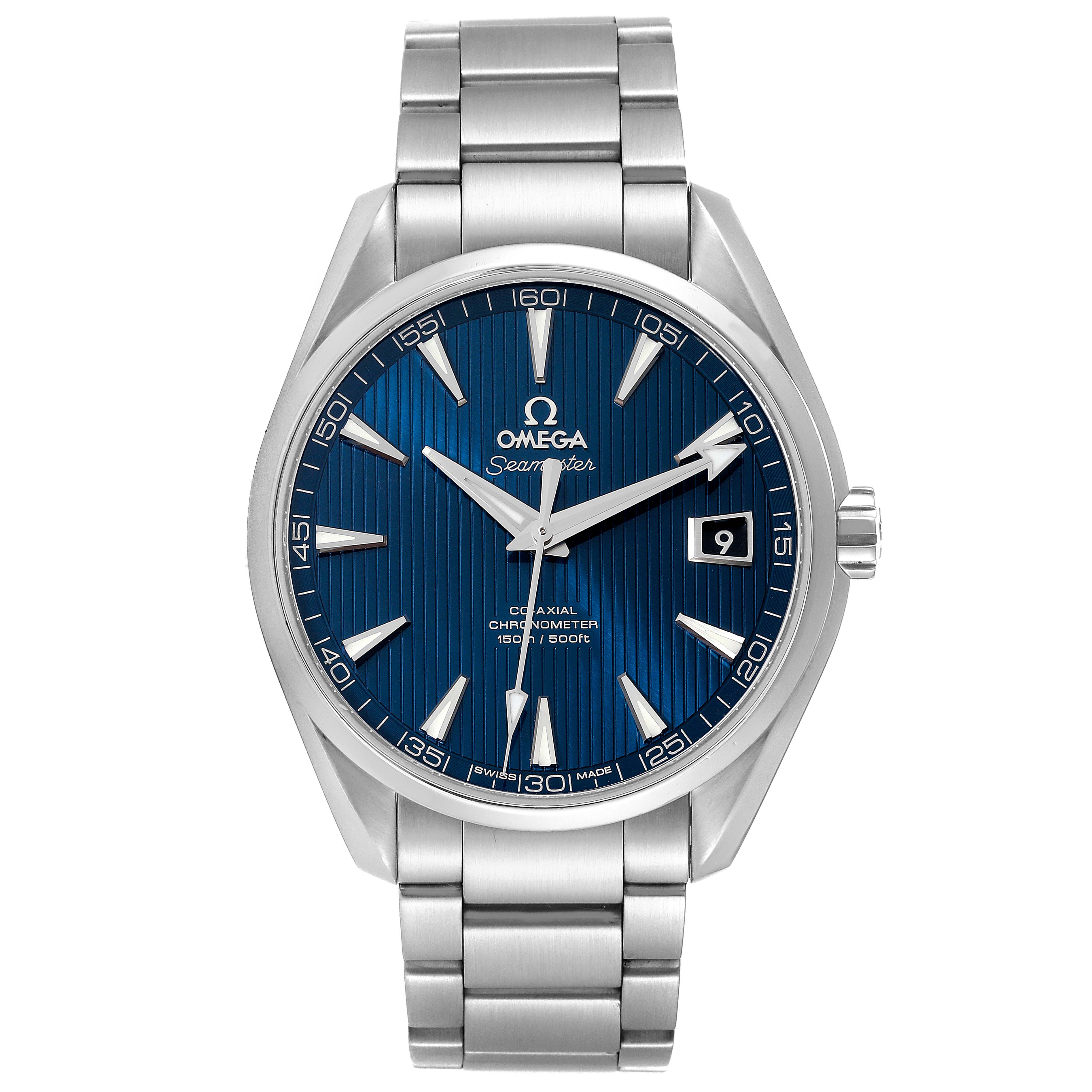 The image shows a front view of the Omega Aqua Terra 231.10.42.21.03.001 Men's Stainless Steel Blue Dial 231.10.42.21.03.001 Men's Stainless Steel Blue Dial watch, highlighting its blue dial, silver hands, and metal bracelet.