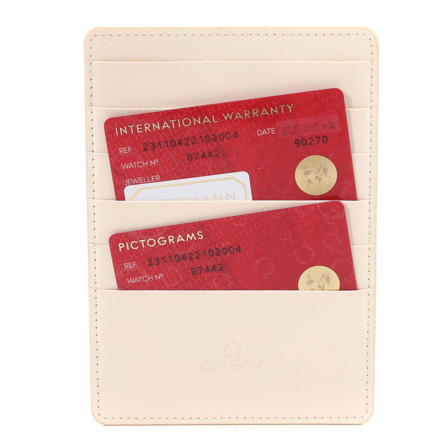 The image shows warranty and pictogram cards for the Omega Aqua Terra 231.10.42.21.02.004 Men's Stainless Steel Silver Dial 231.10.42.21.02.004 Men's Stainless Steel Silver Dial model in a beige cardholder.