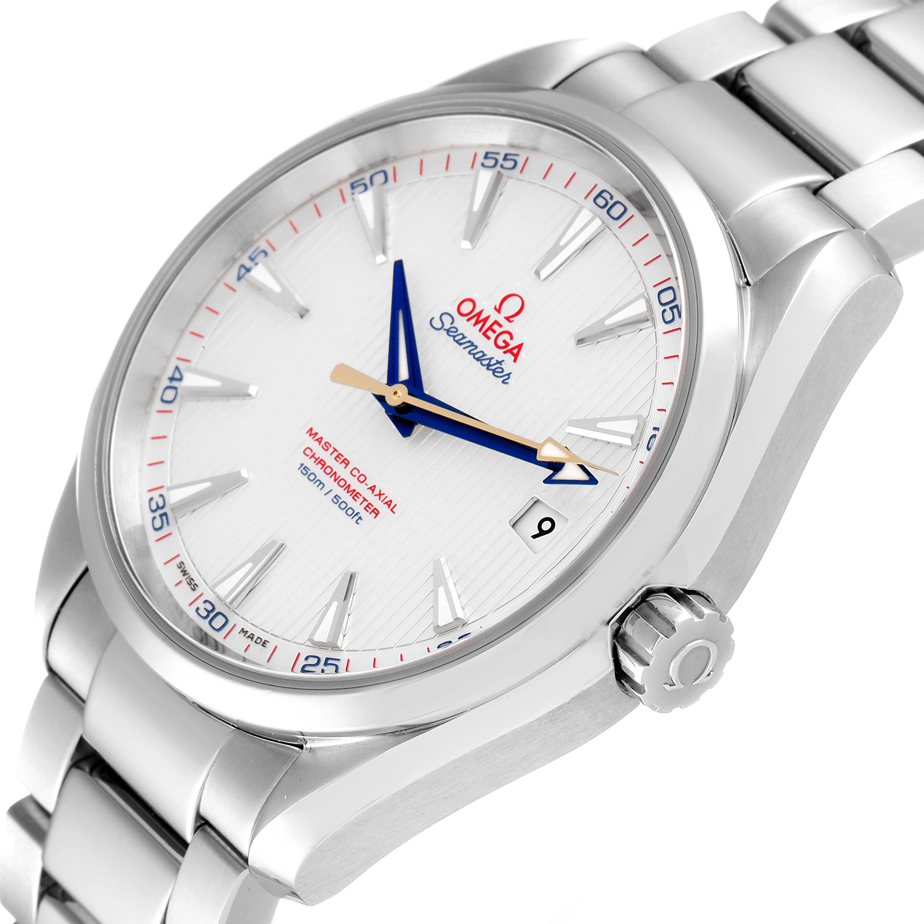 The image shows an angled view of the Omega Aqua Terra 231.10.42.21.02.004 Men's Stainless Steel Silver Dial 231.10.42.21.02.004 Men's Stainless Steel Silver Dial watch, highlighting its face, bezel, crown, and bracelet.