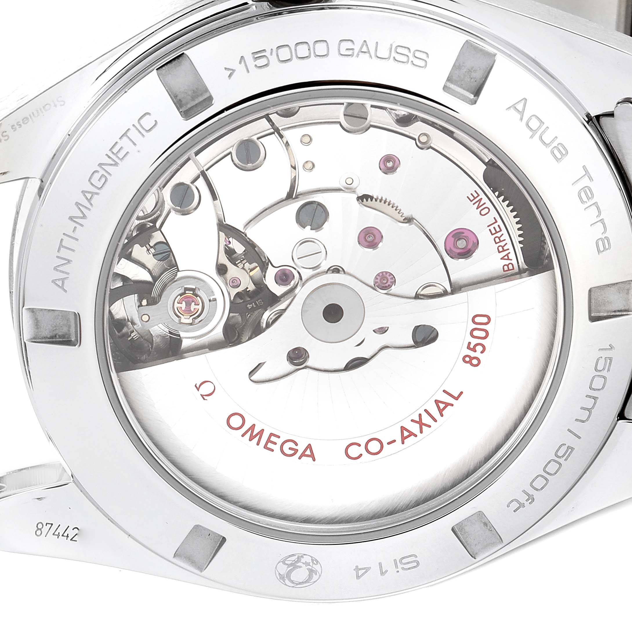 The image shows the case back of the Omega Aqua Terra 231.10.42.21.02.004 Men's Stainless Steel Silver Dial 231.10.42.21.02.004 Men's Stainless Steel Silver Dial watch, revealing its intricate movement and internal components labeled "CO-AXIAL 8500".