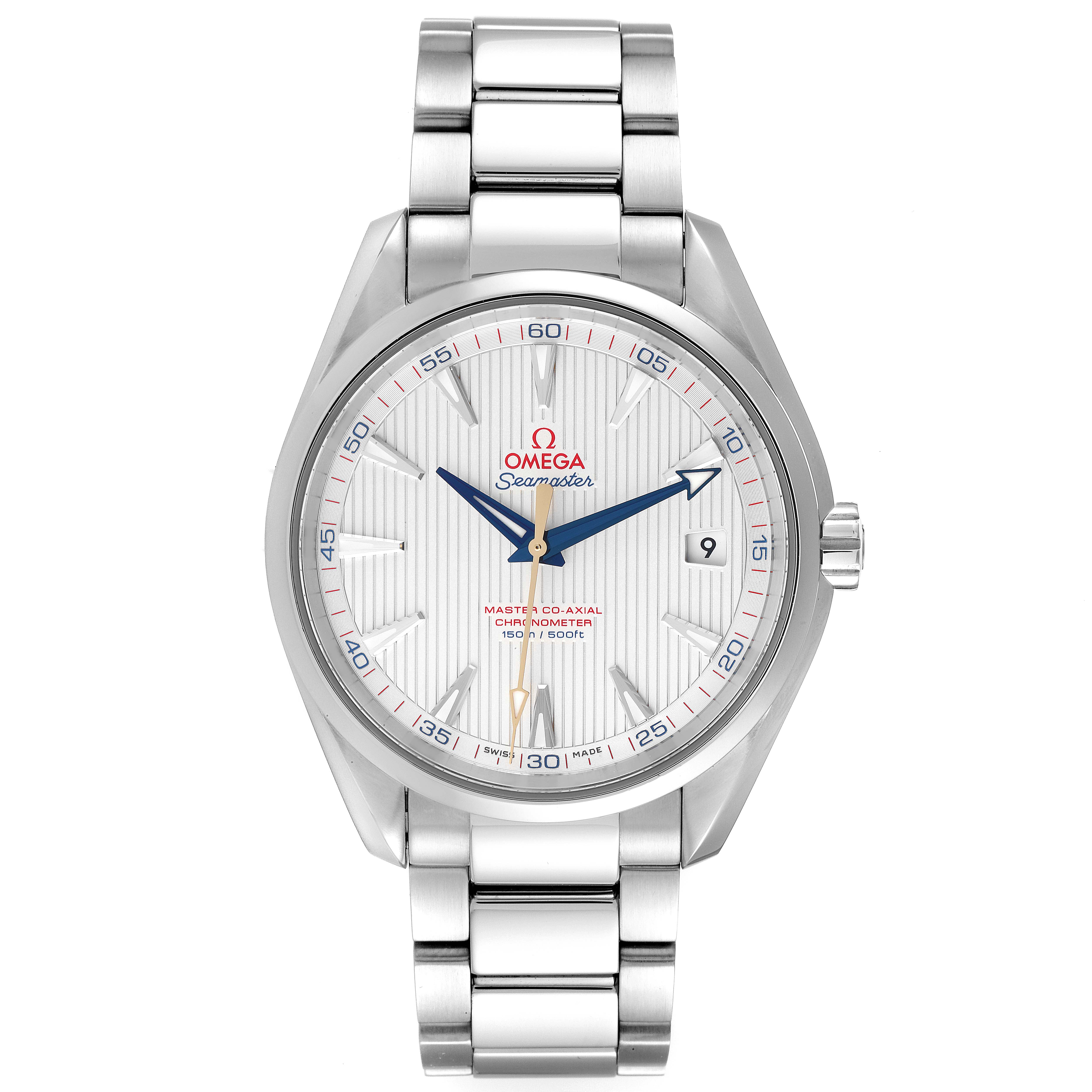 The image shows a front view of the Omega Seamaster Aqua Terra watch, displaying the dial, hands, bracelet, and crown.