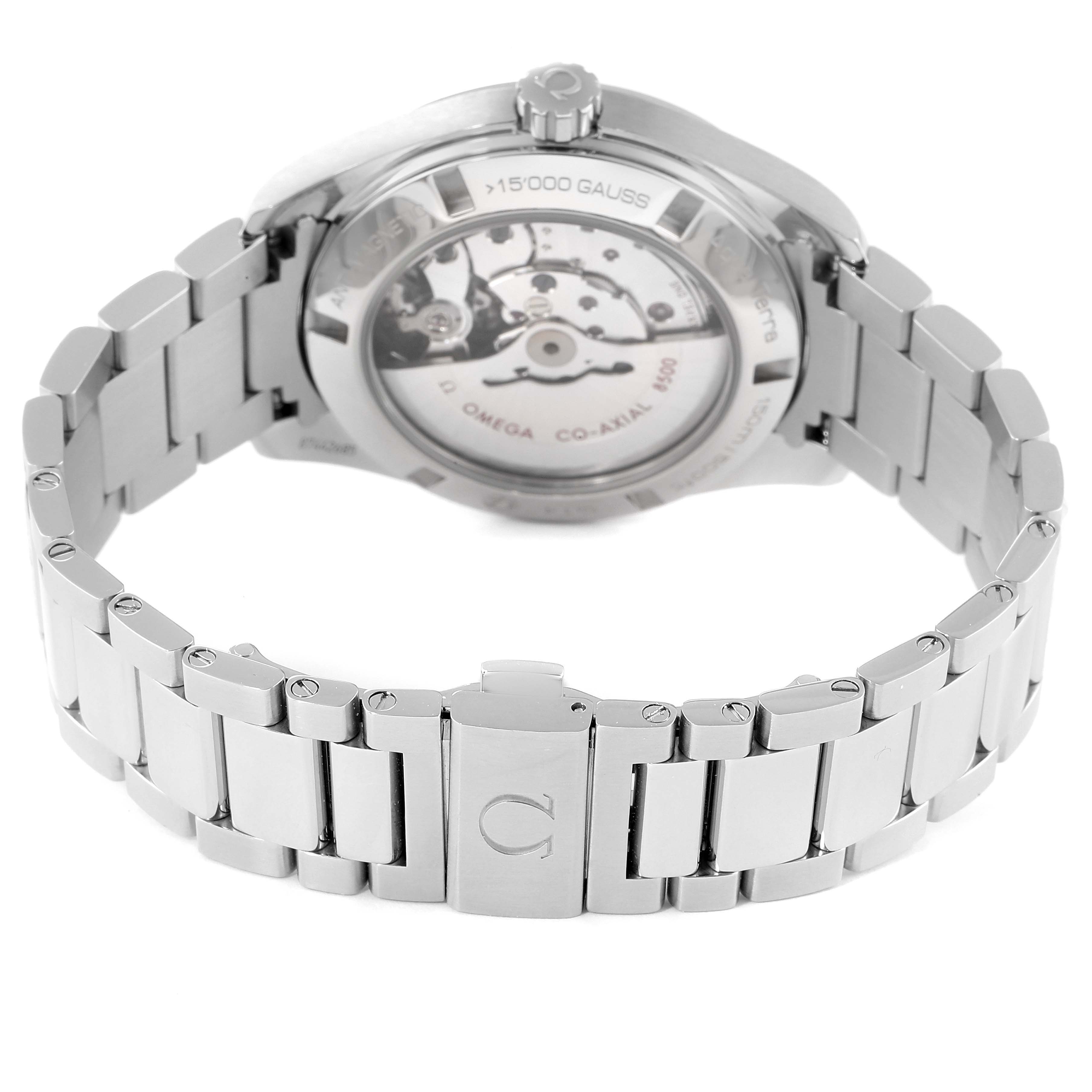 The image shows the back view of the Omega Aqua Terra 231.10.42.21.02.004 Men's Stainless Steel Silver Dial 231.10.42.21.02.004 Men's Stainless Steel Silver Dial watch displaying its transparent case back and metal bracelet.