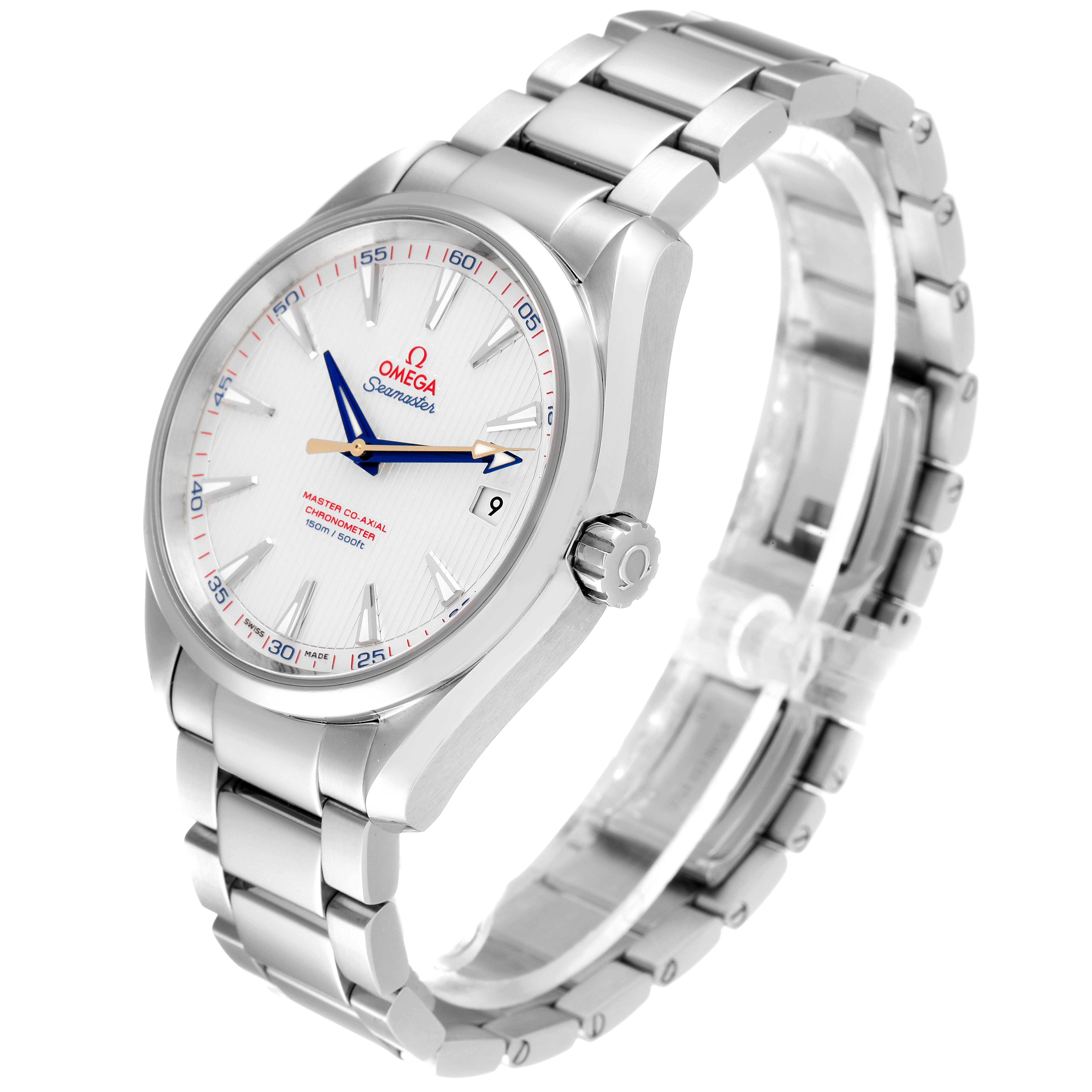 This Omega Aqua Terra 231.10.42.21.02.004 Men's Stainless Steel Silver Dial 231.10.42.21.02.004 Men's Stainless Steel Silver Dial watch is shown at an angle displaying the face, crown, and full metal bracelet.