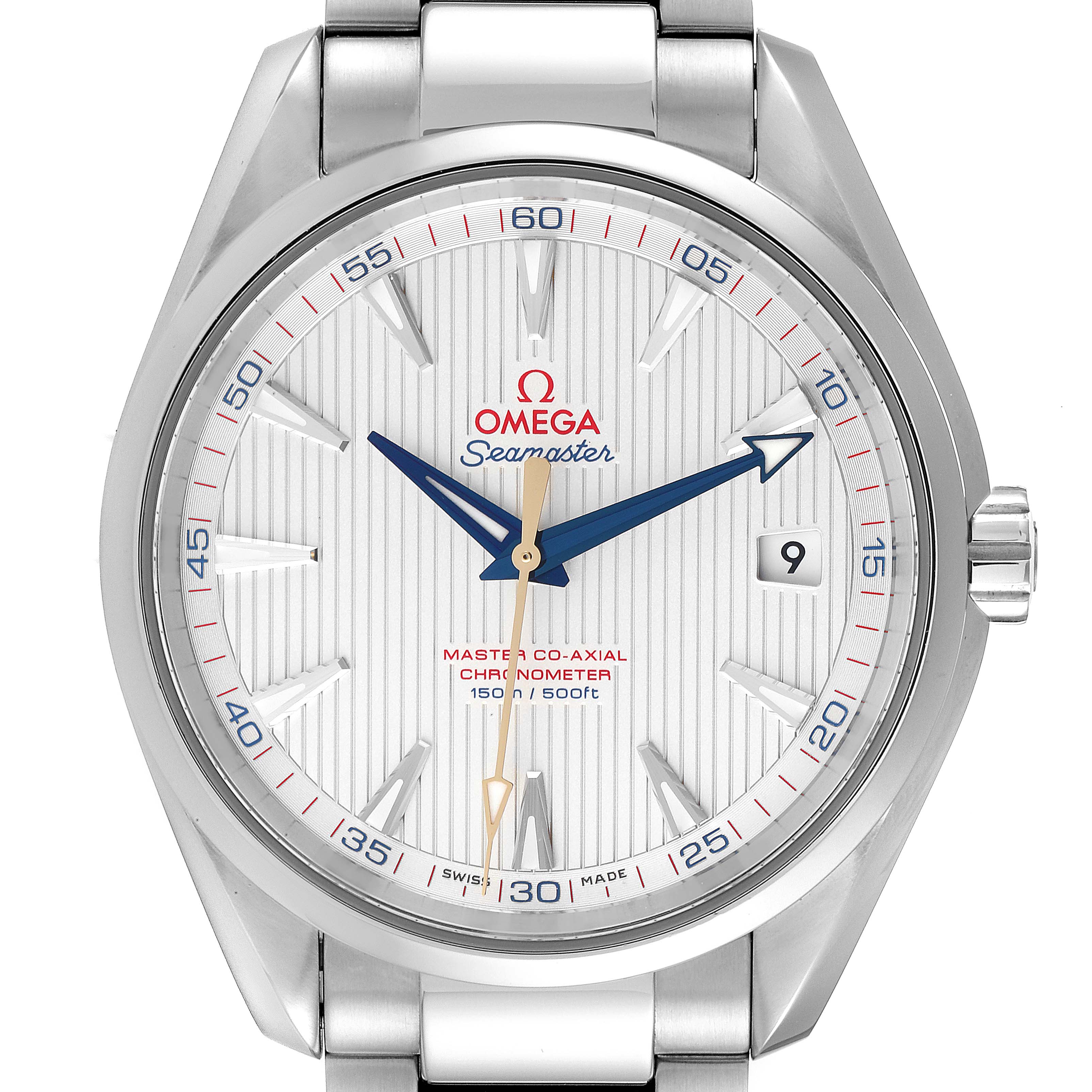 The Omega Aqua Terra 231.10.42.21.02.004 Men's Stainless Steel Silver Dial 231.10.42.21.02.004 Men's Stainless Steel Silver Dial watch is shown from a front angle, displaying its face, hands, crown, and part of the bracelet.