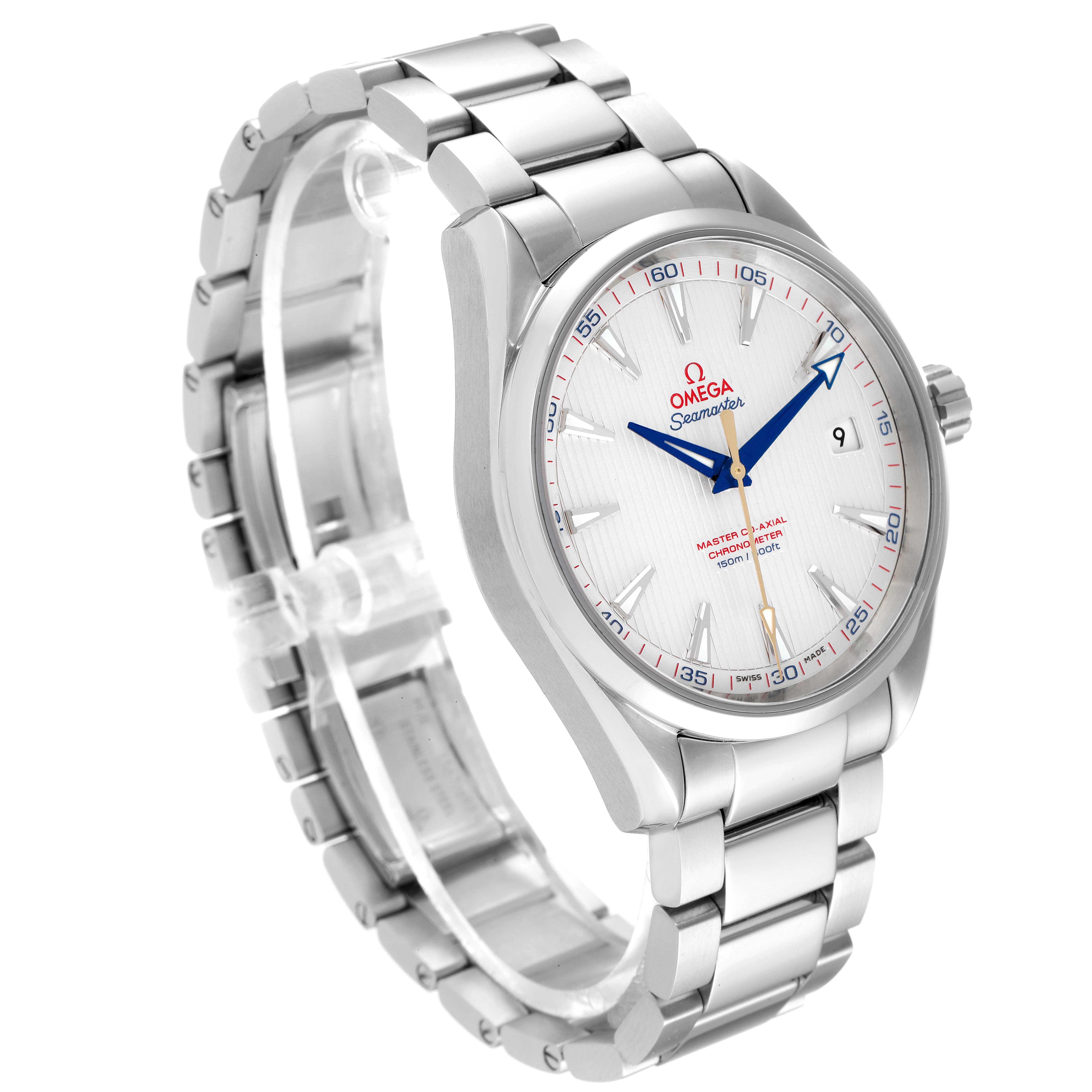 This image shows an Omega Aqua Terra 231.10.42.21.02.004 Men's Stainless Steel Silver Dial 231.10.42.21.02.004 Men's Stainless Steel Silver Dial watch angled to display the face, bezel, case, bracelet, and crown.