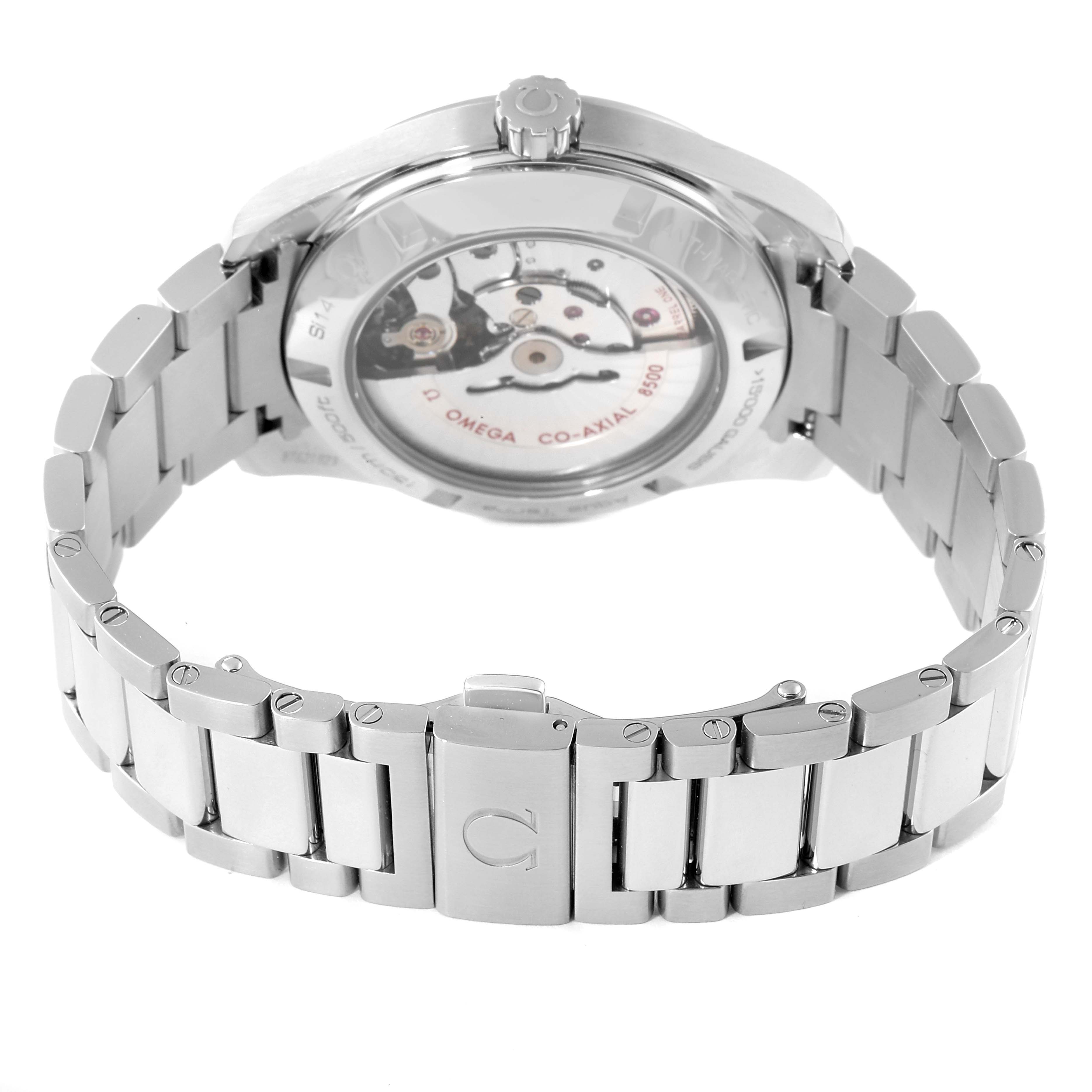 The image shows the back view of the Omega Aqua Terra 231.10.42.21.02.004 Men's Stainless Steel Silver Dial 231.10.42.21.02.004 Men's Stainless Steel Silver Dial watch, displaying its exposed movement and metal bracelet.