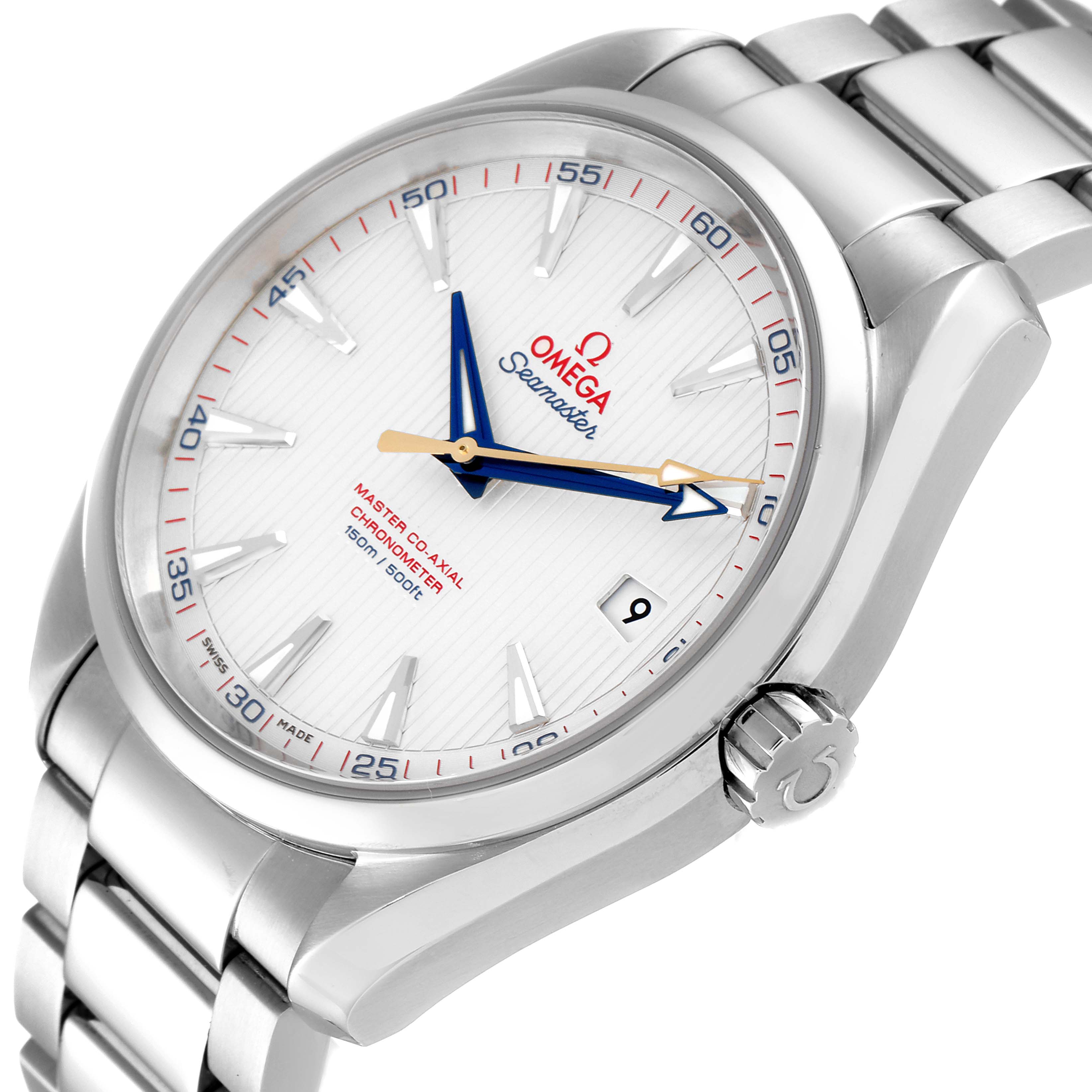 The Omega Aqua Terra 231.10.42.21.02.004 Men's Stainless Steel Silver Dial 231.10.42.21.02.004 Men's Stainless Steel Silver Dial watch is shown at an angled view, displaying the face, dial, crown, and partial bracelet.