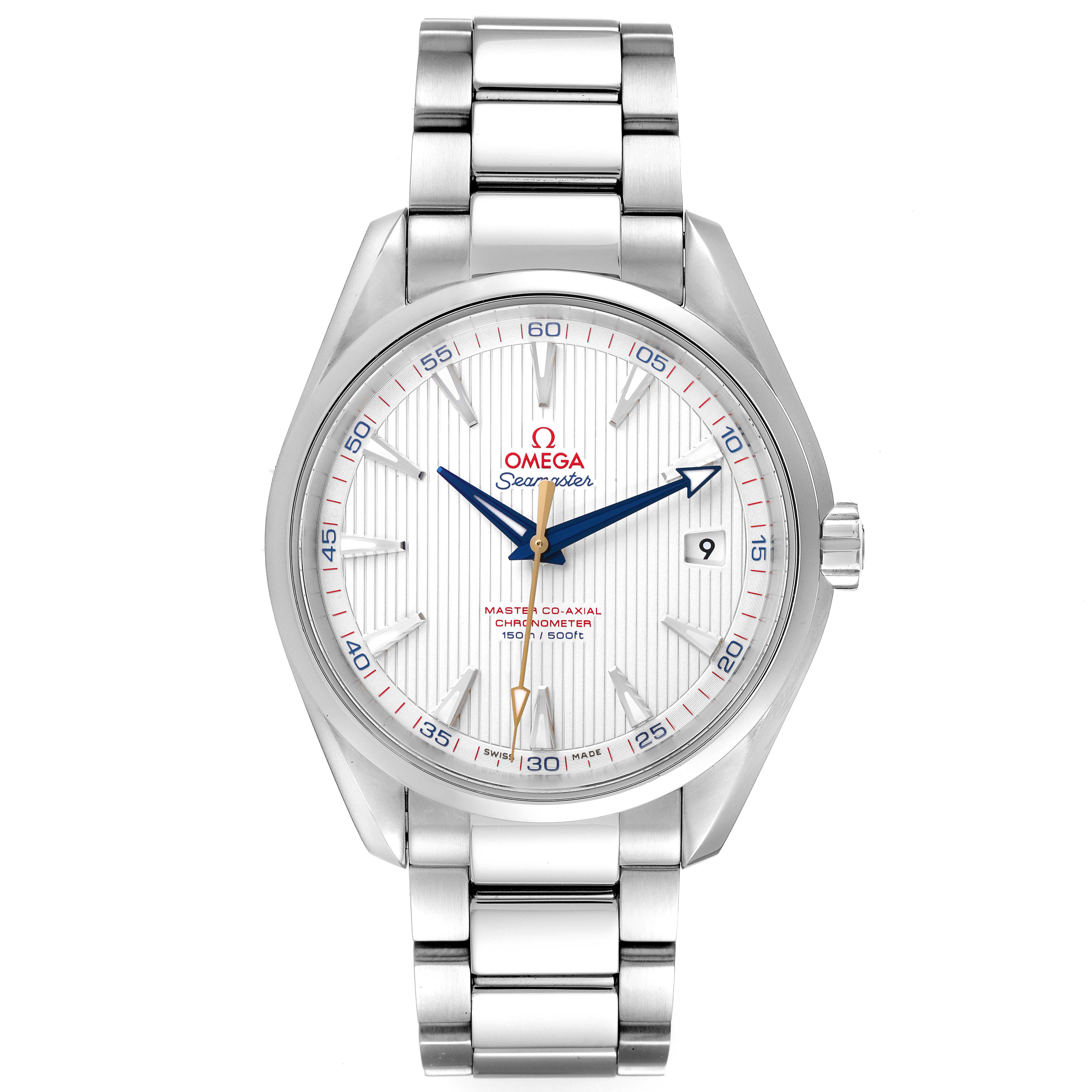 This is a front view of the Omega Aqua Terra 231.10.42.21.02.004 Men's Stainless Steel Silver Dial 231.10.42.21.02.004 Men's Stainless Steel Silver Dial watch, showing the face, bezel, bracelet, crown, and date window.