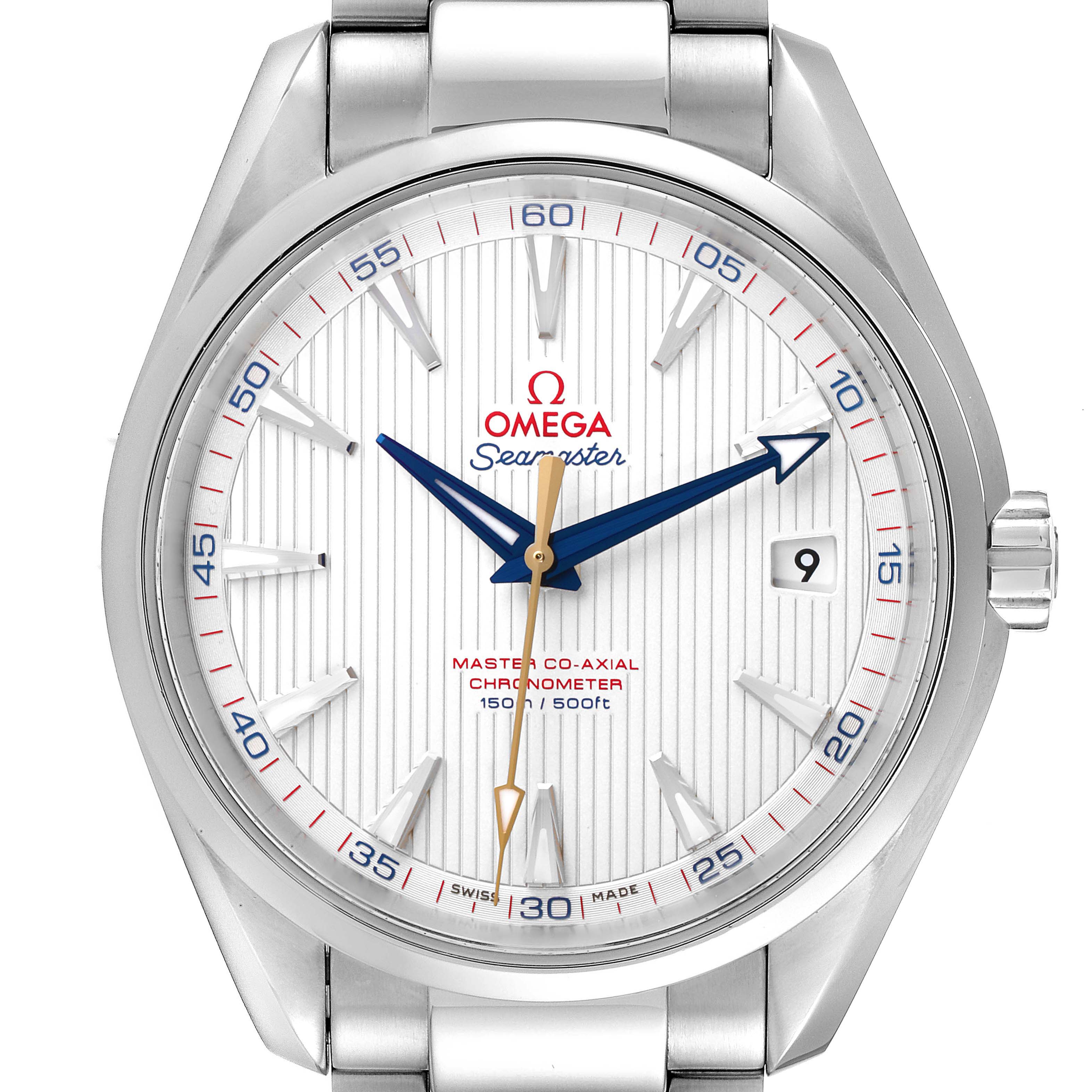 The image shows a frontal view of the Omega Aqua Terra 231.10.42.21.02.004 Men's Stainless Steel Silver Dial 231.10.42.21.02.004 Men's Stainless Steel Silver Dial watch, displaying its dial, hands, bezel, and part of the bracelet.