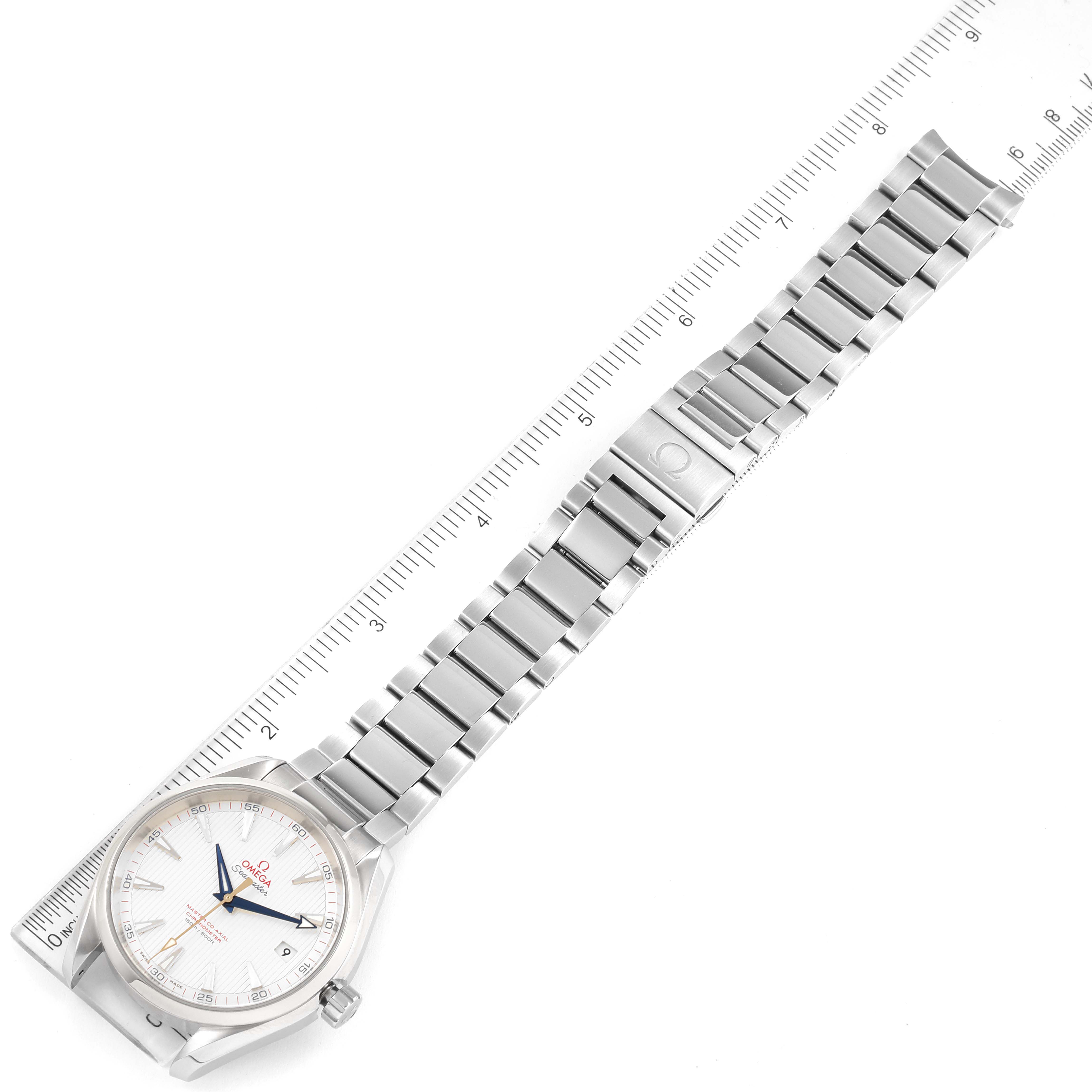 The Omega Aqua Terra 231.10.42.21.02.004 Men's Stainless Steel Silver Dial 231.10.42.21.02.004 Men's Stainless Steel Silver Dial watch is shown from a top-down angle with its full face and metal bracelet displayed.