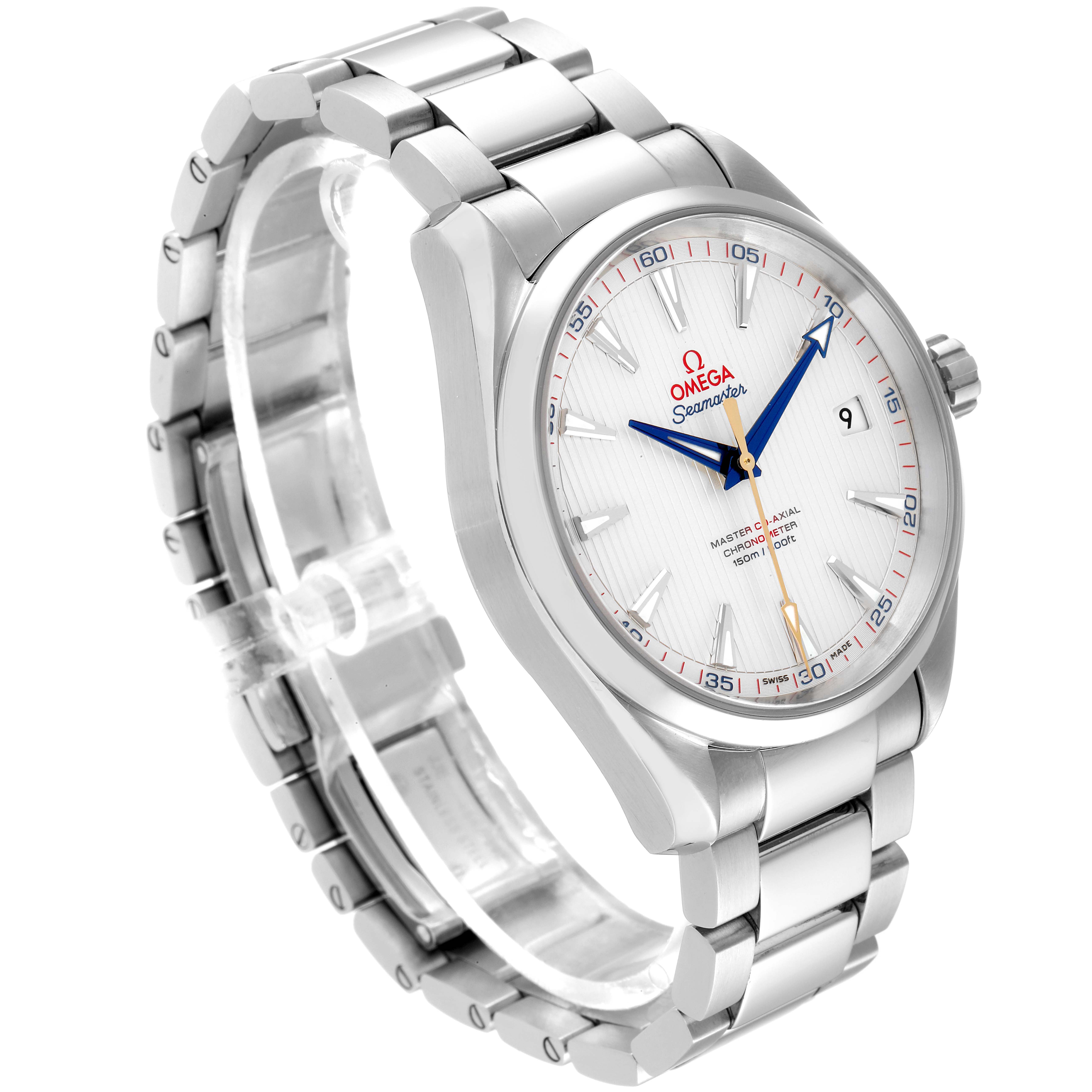 The image shows an angled view of the Omega Aqua Terra 231.10.42.21.02.004 Men's Stainless Steel Silver Dial 231.10.42.21.02.004 Men's Stainless Steel Silver Dial watch, highlighting the face, bezel, crown, and bracelet.