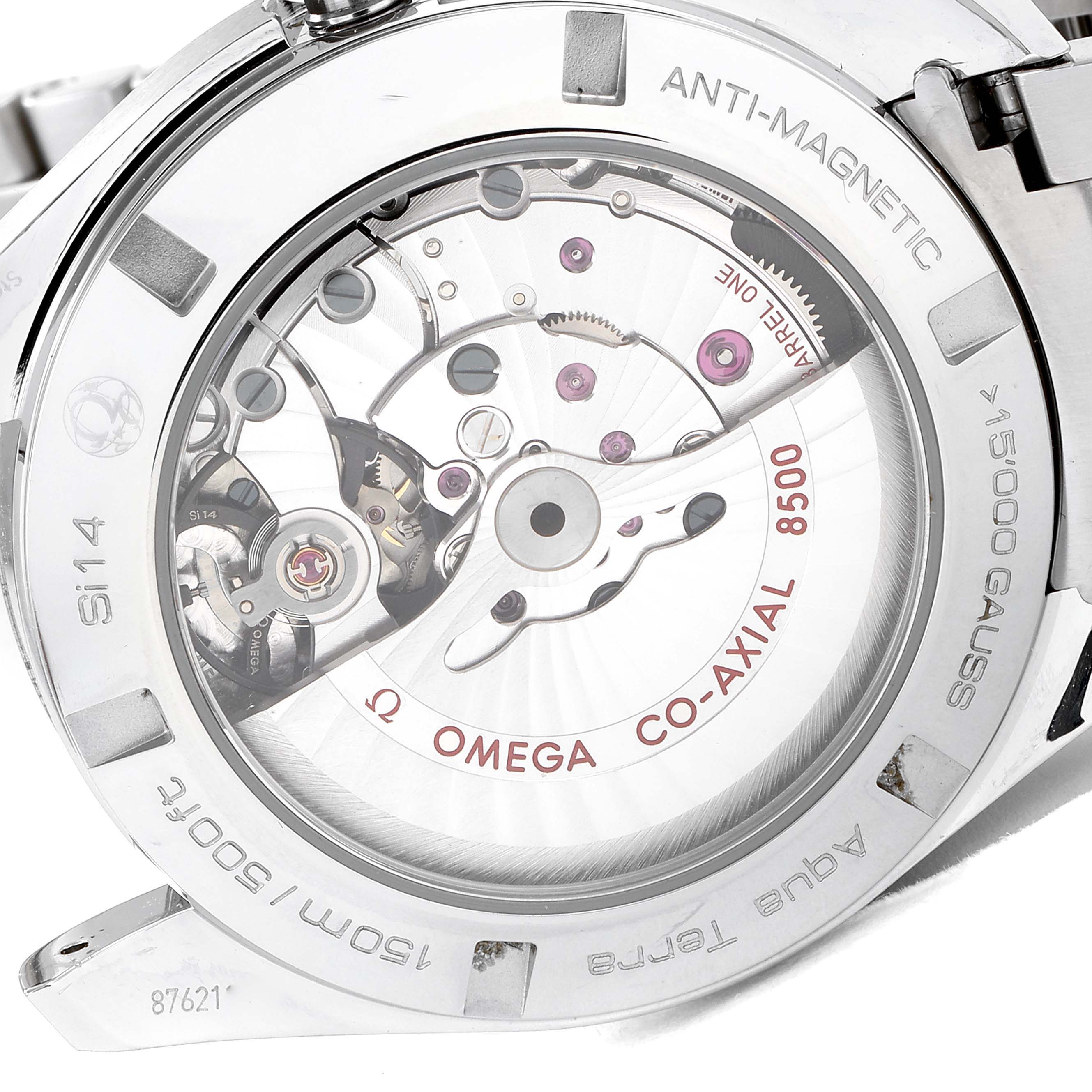 The image shows the back view of the Omega Aqua Terra 231.10.42.21.02.004 Men's Stainless Steel Silver Dial 231.10.42.21.02.004 Men's Stainless Steel Silver Dial watch, highlighting its Co-Axial 8500 movement.