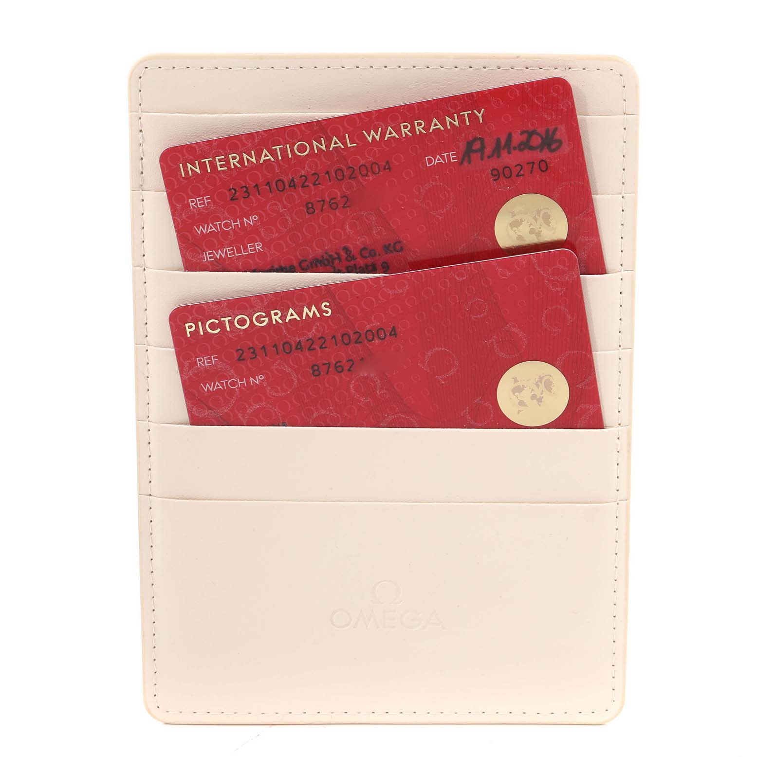 The image shows warranty cards for the Omega Aqua Terra 231.10.42.21.02.004 Men's Stainless Steel Silver Dial 231.10.42.21.02.004 Men's Stainless Steel Silver Dial watch, placed inside a white Omega cardholder.