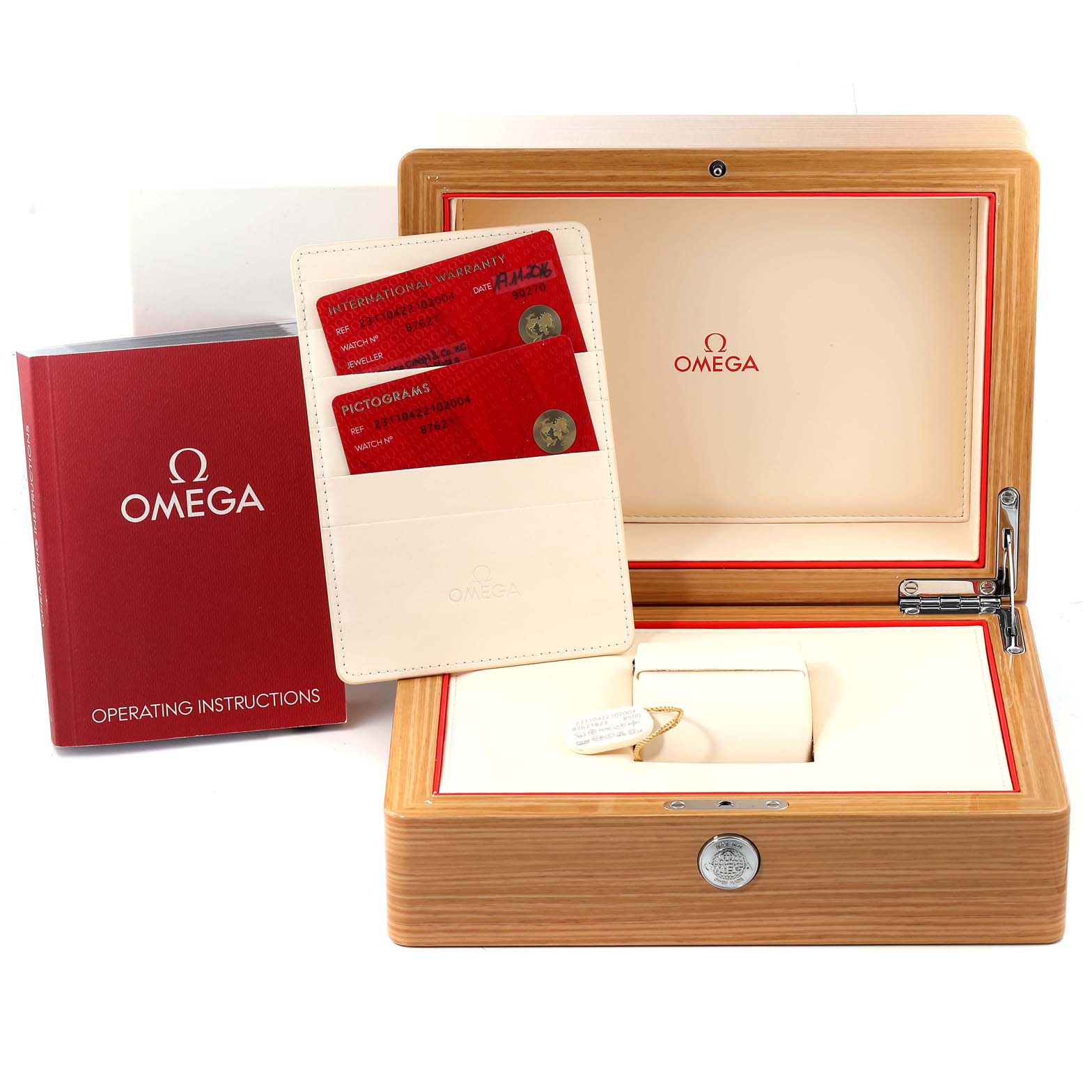 This image shows the Omega Aqua Terra 231.10.42.21.02.004 Men's Stainless Steel Silver Dial 231.10.42.21.02.004 Men's Stainless Steel Silver Dial watch box, warranty cards, and operating instructions.