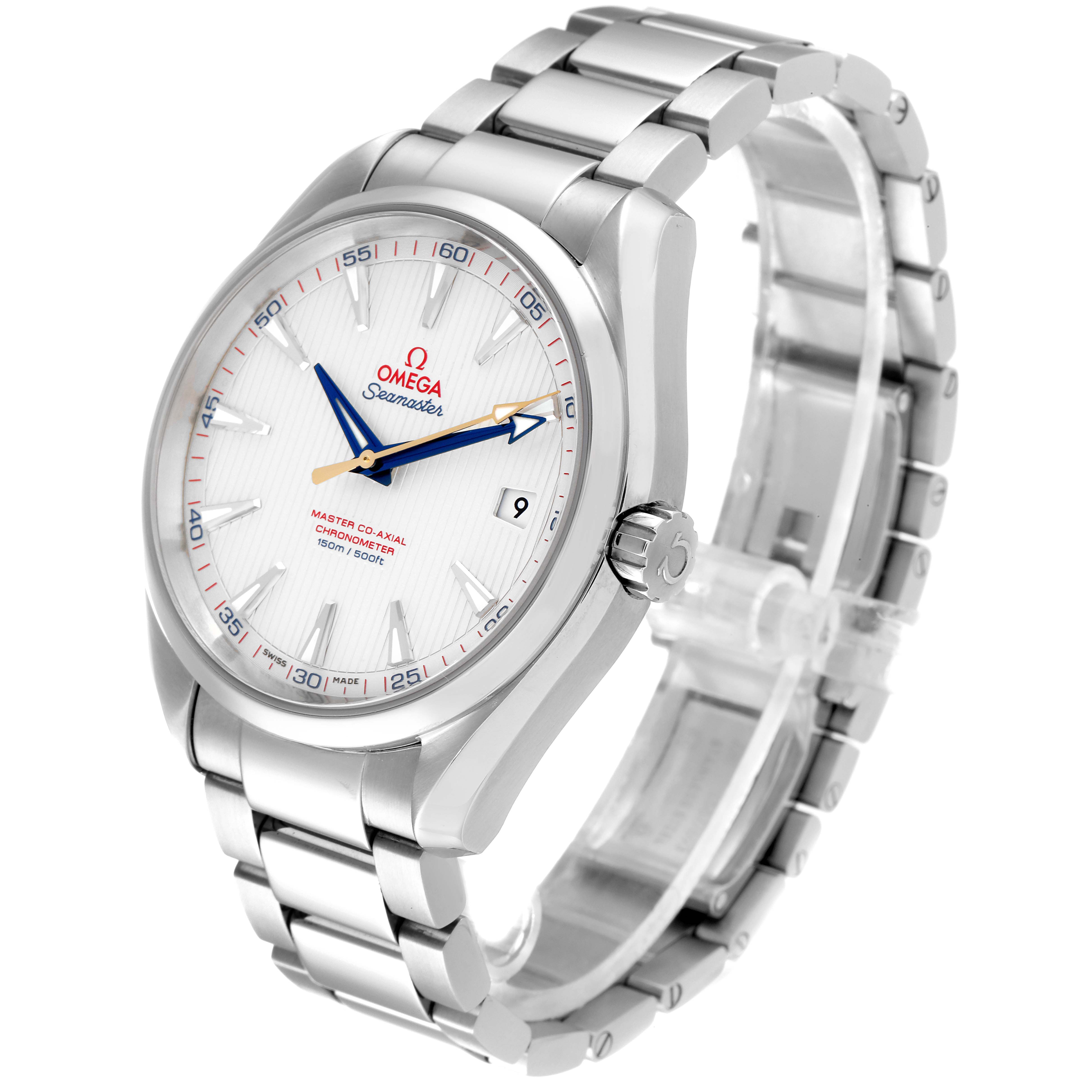 The image shows an Omega Aqua Terra 231.10.42.21.02.004 Men's Stainless Steel Silver Dial 231.10.42.21.02.004 Men's Stainless Steel Silver Dial watch at a three-quarter angle, highlighting the face, bezel, crown, and bracelet.